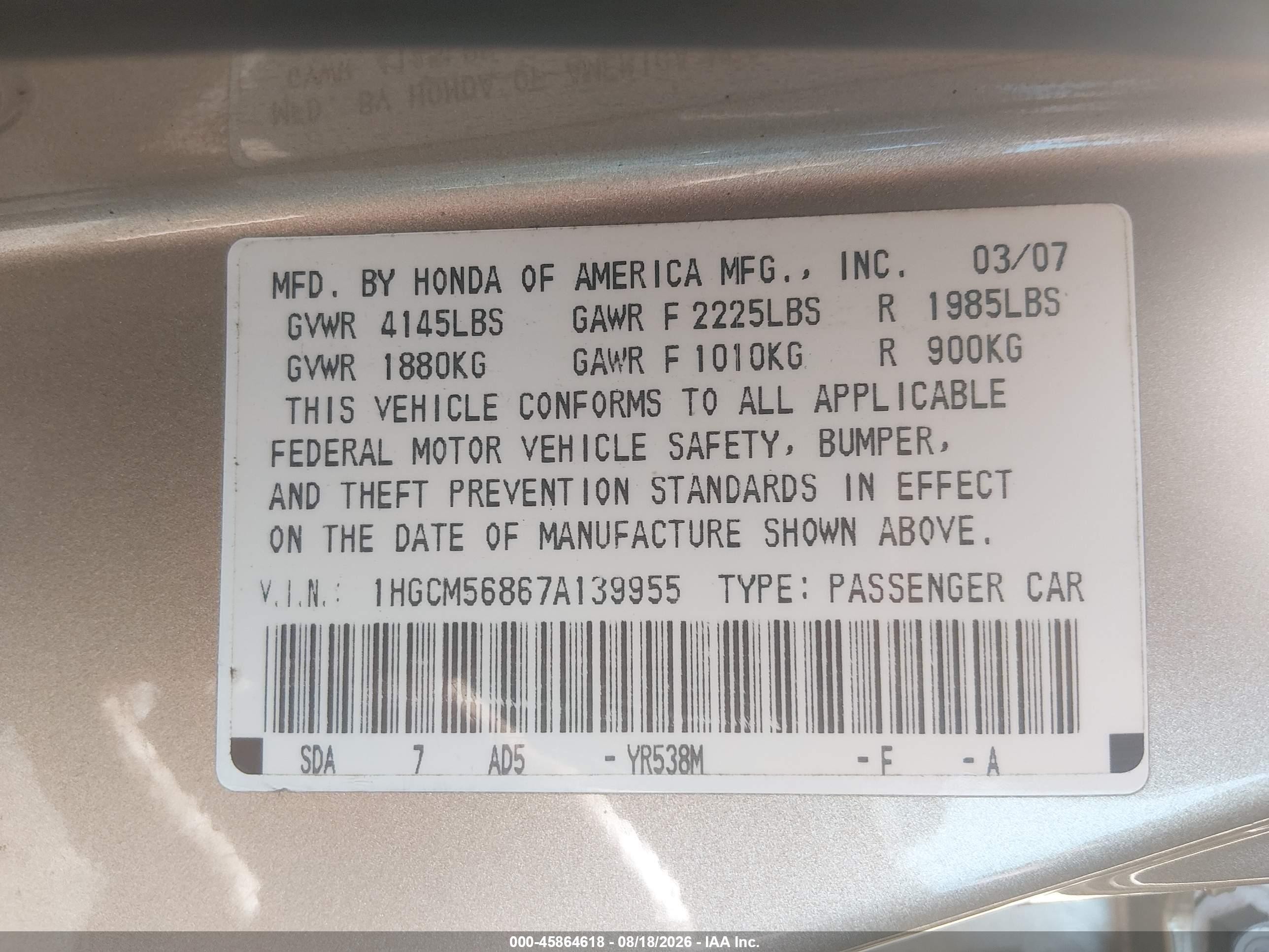2007 Honda Accord 2.4 Ex Tan vin: 1HGCM56867A139955