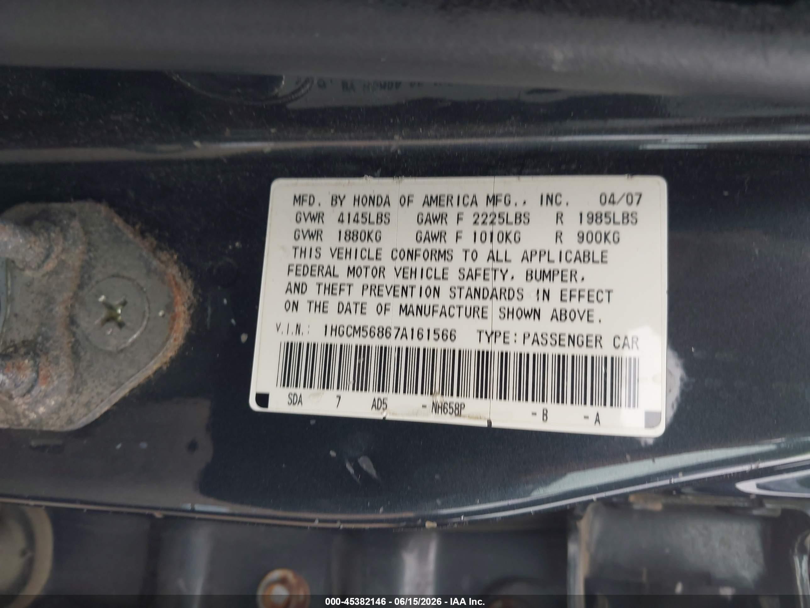 2007 Honda Accord 2.4 Ex Gray vin: 1HGCM56867A161566