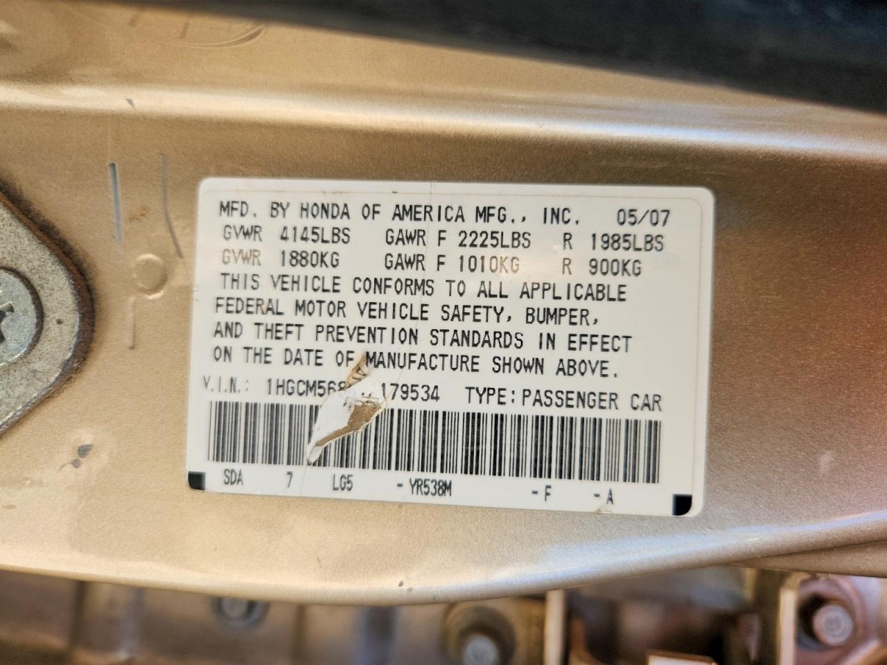 2007 Honda Accord Ex Gold vin: 1HGCM56867A179534
