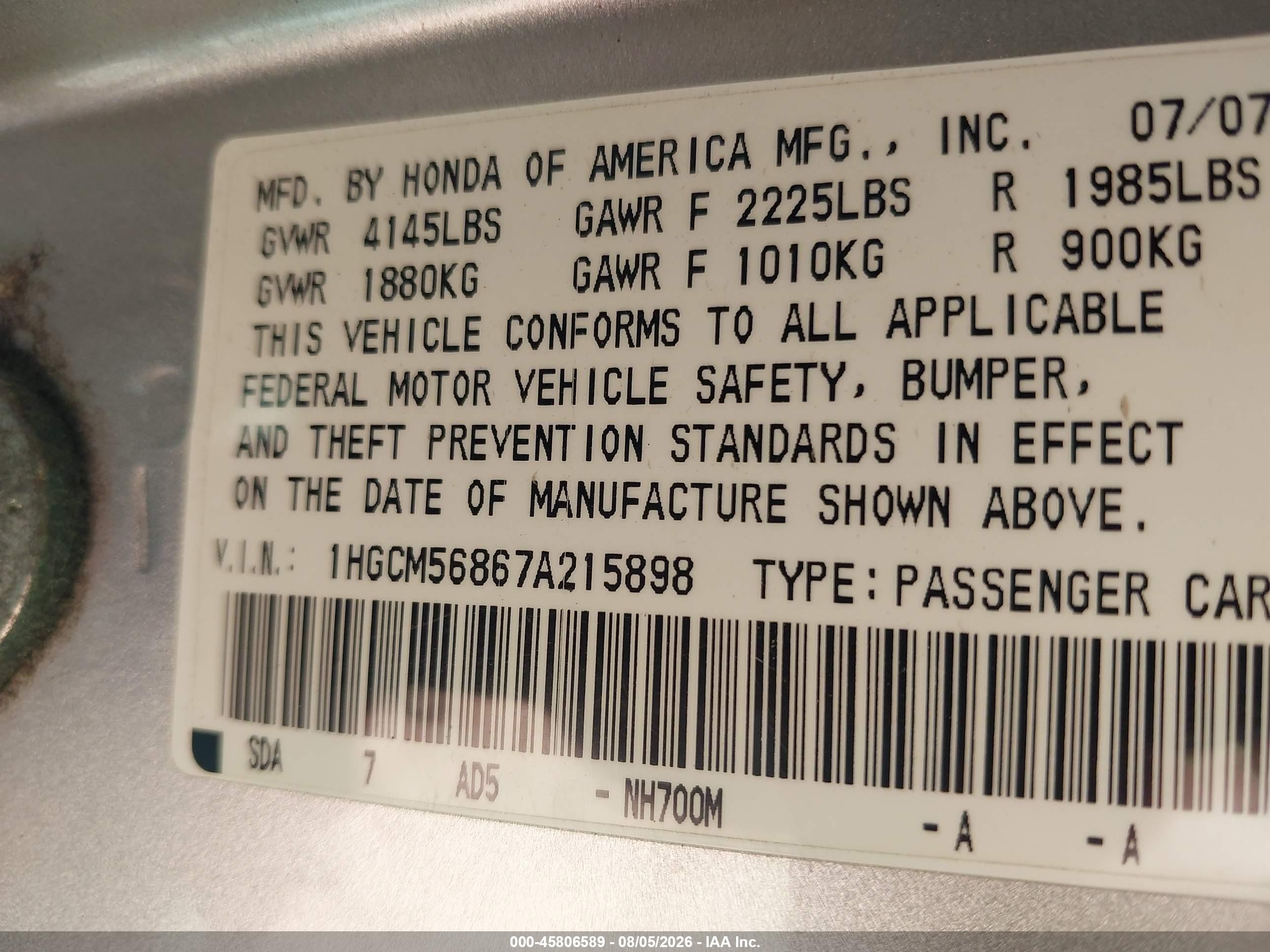 2007 Honda Accord 2.4 Ex Silver vin: 1HGCM56867A215898
