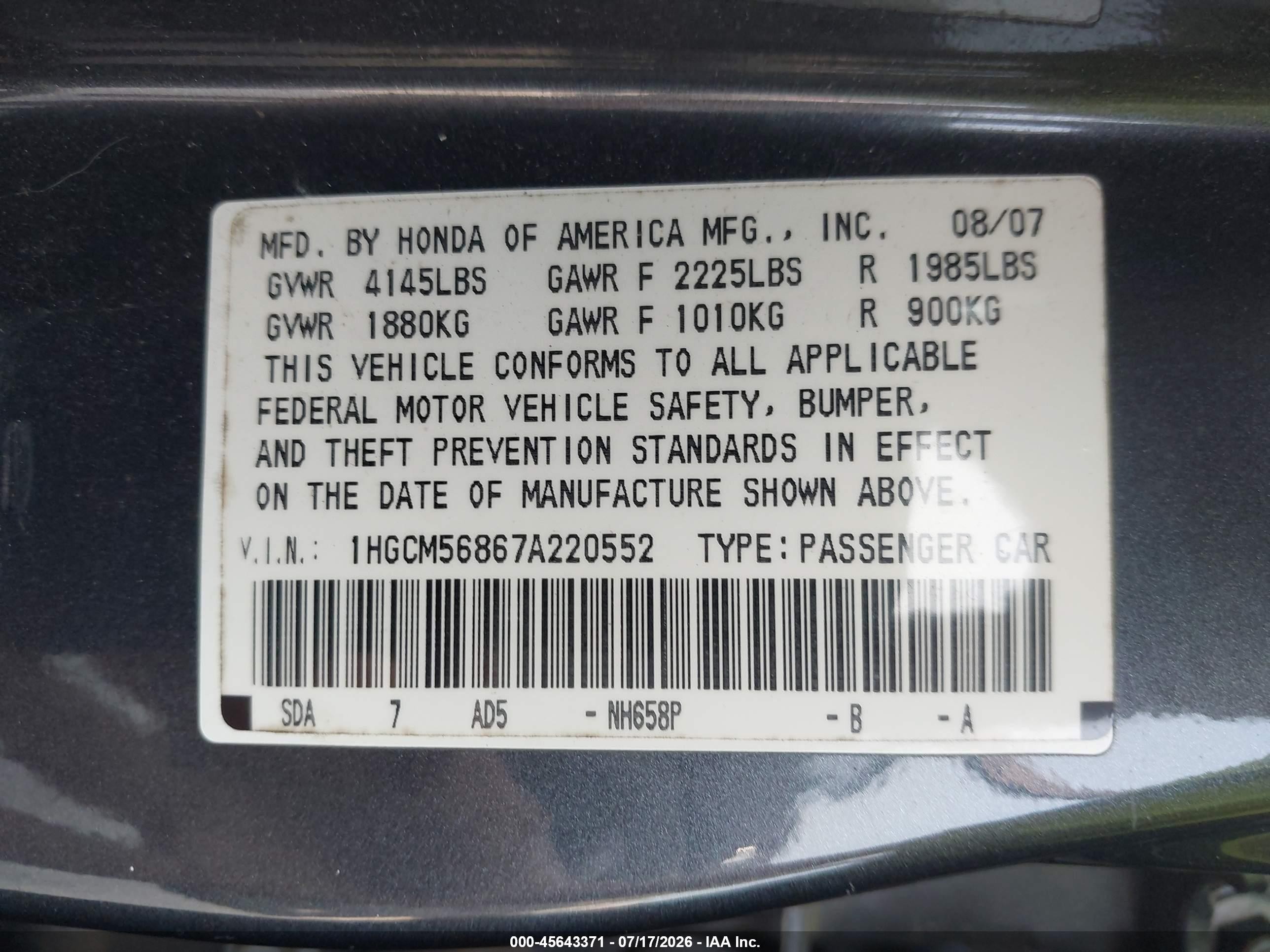 2007 Honda Accord 2.4 Ex Blue vin: 1HGCM56867A220552