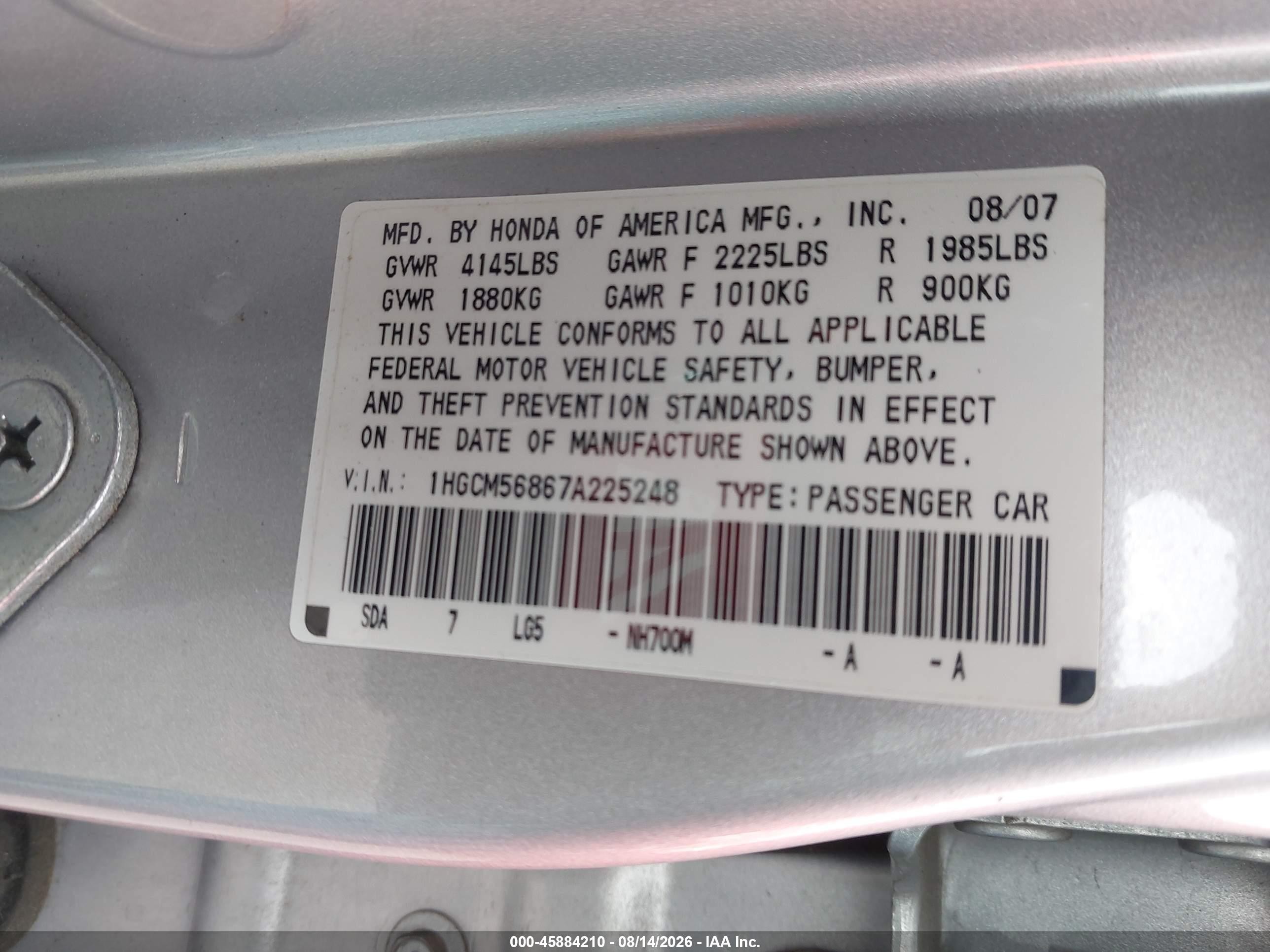 2007 Honda Accord 2.4 Ex Silver vin: 1HGCM56867A225248