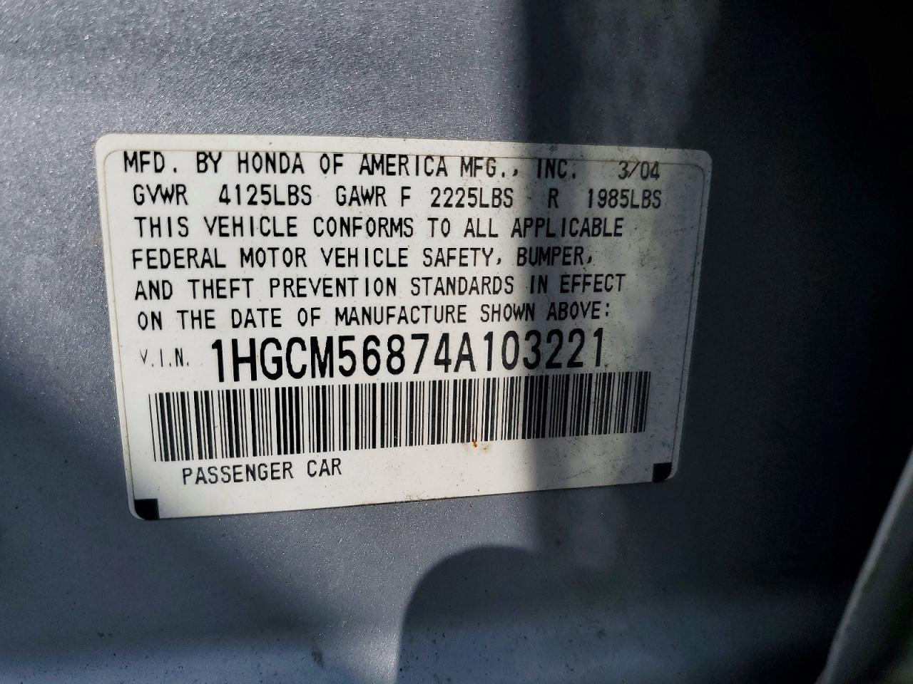 2004 Honda Accord Ex Silver vin: 1HGCM56874A103221