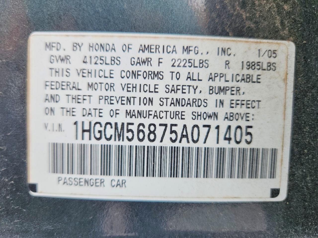 2005 Honda Accord Ex Gray vin: 1HGCM56875A071405