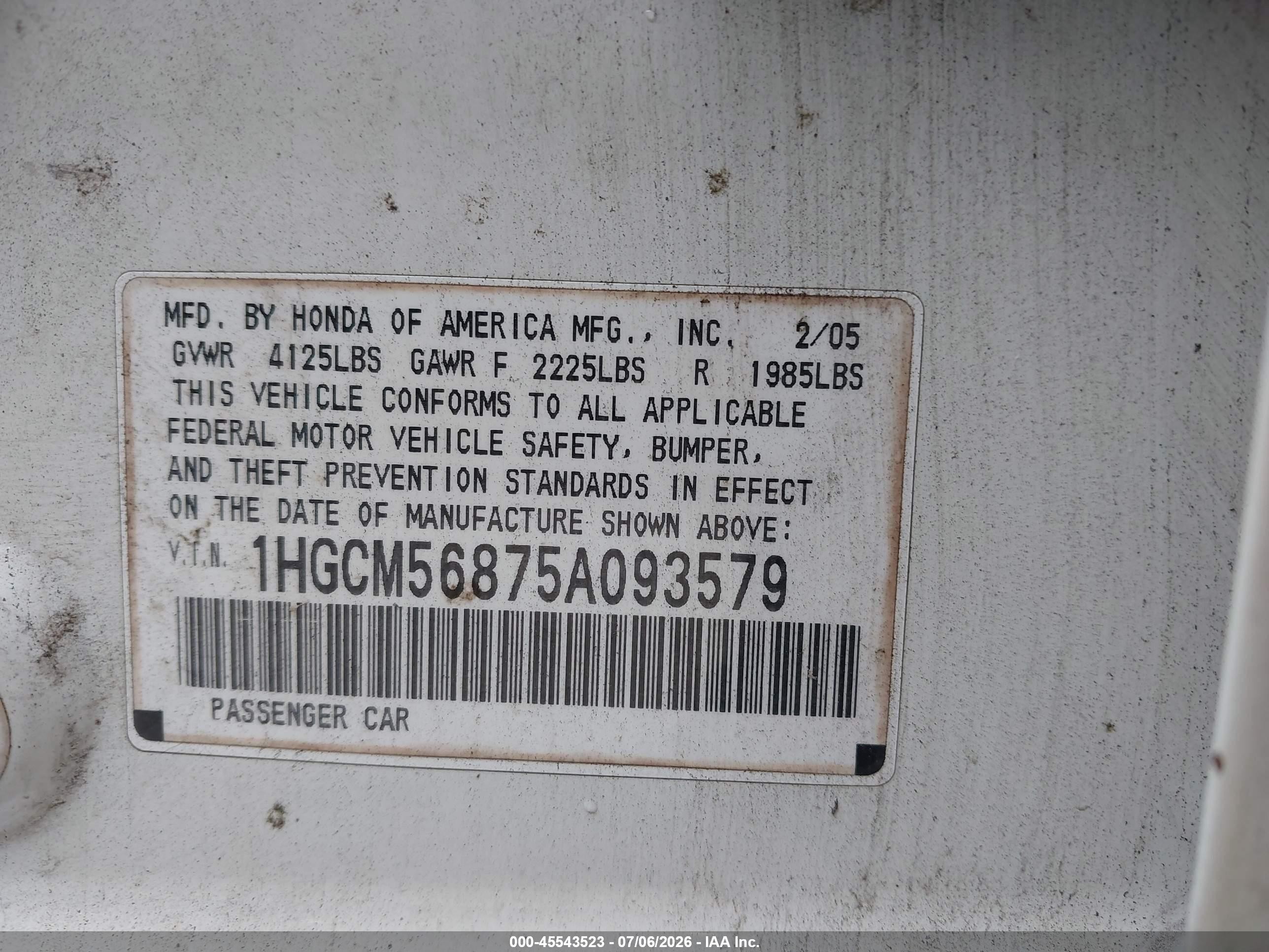 2005 Honda Accord 2.4 Ex White vin: 1HGCM56875A093579