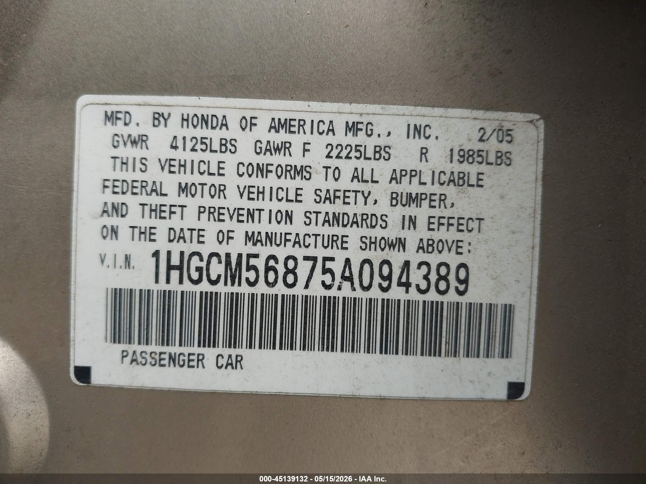 2005 Honda Accord 2.4 Ex Cream vin: 1HGCM56875A094389