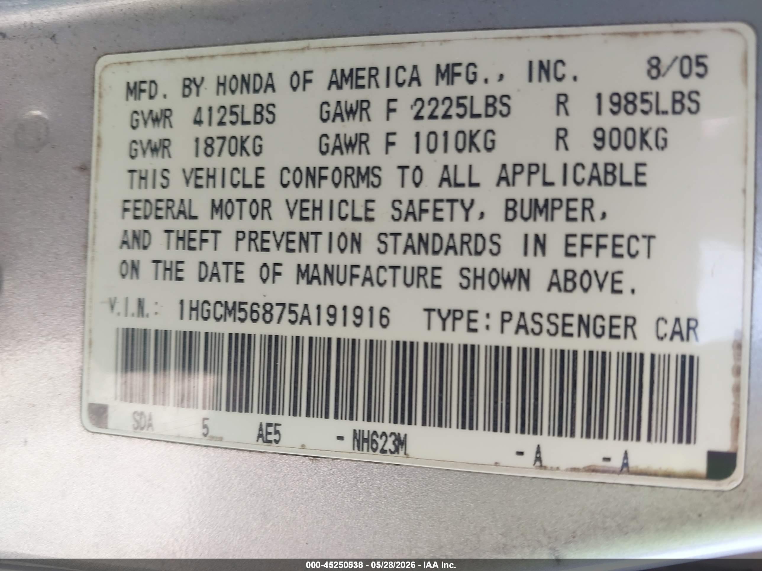 2005 Honda Accord 2.4 Ex Silver vin: 1HGCM56875A191916