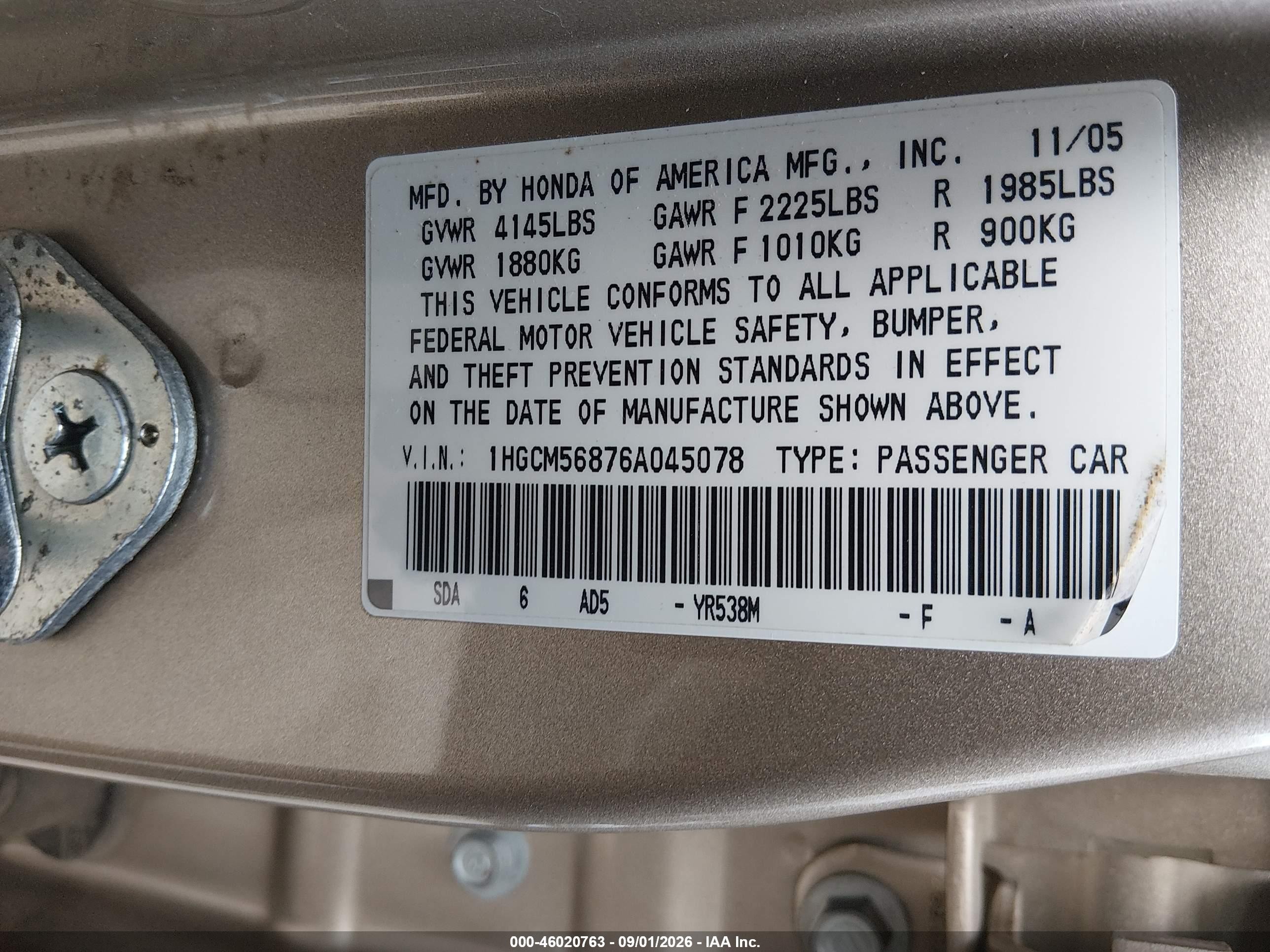 2006 Honda Accord 2.4 Ex Gold vin: 1HGCM56876A045078