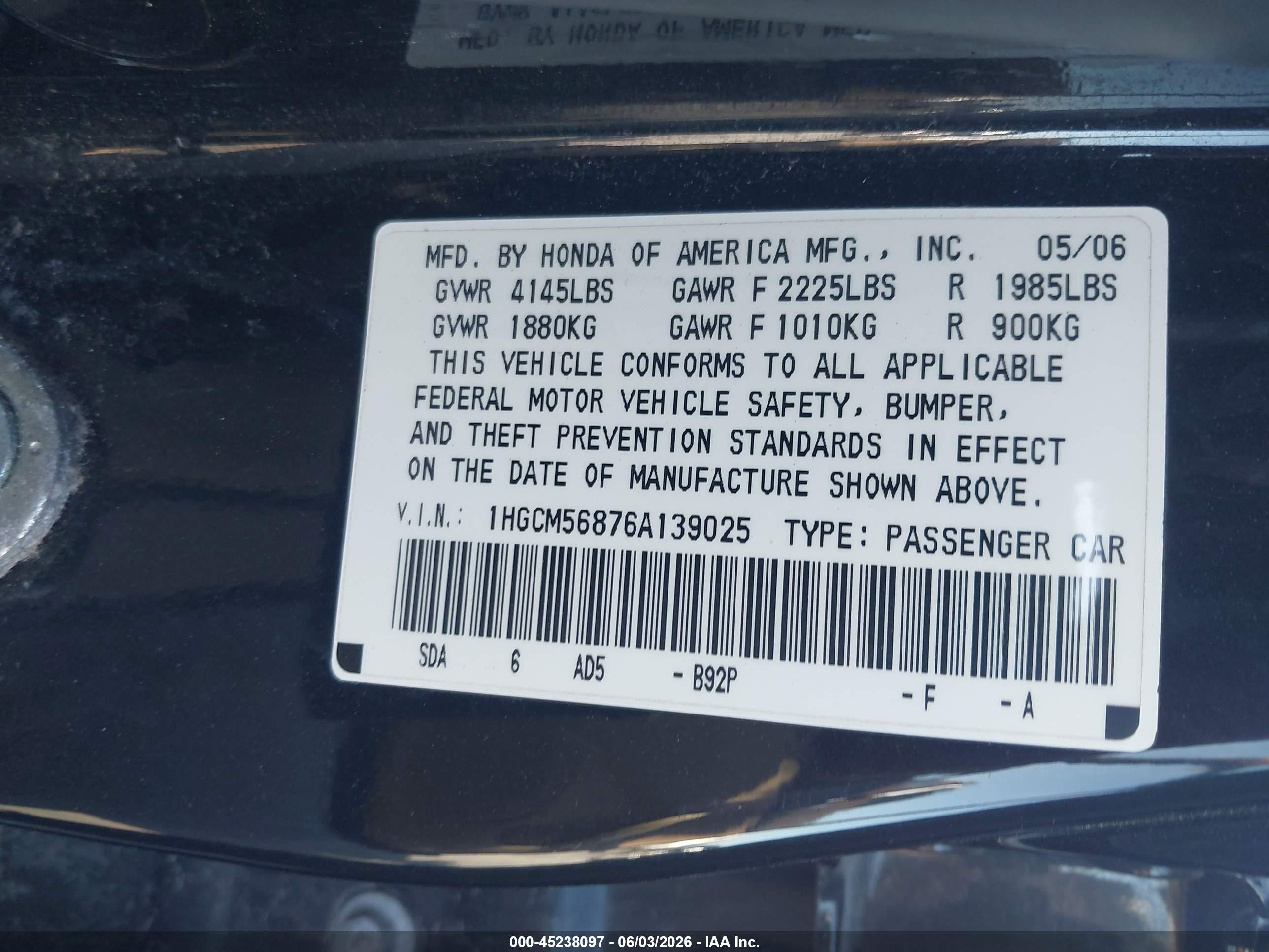2006 Honda Accord 2.4 Ex Black vin: 1HGCM56876A139025