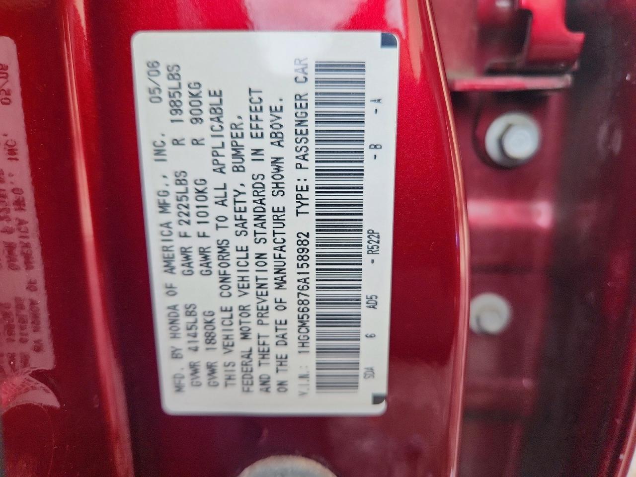 2006 Honda Accord Ex Maroon vin: 1HGCM56876A158982