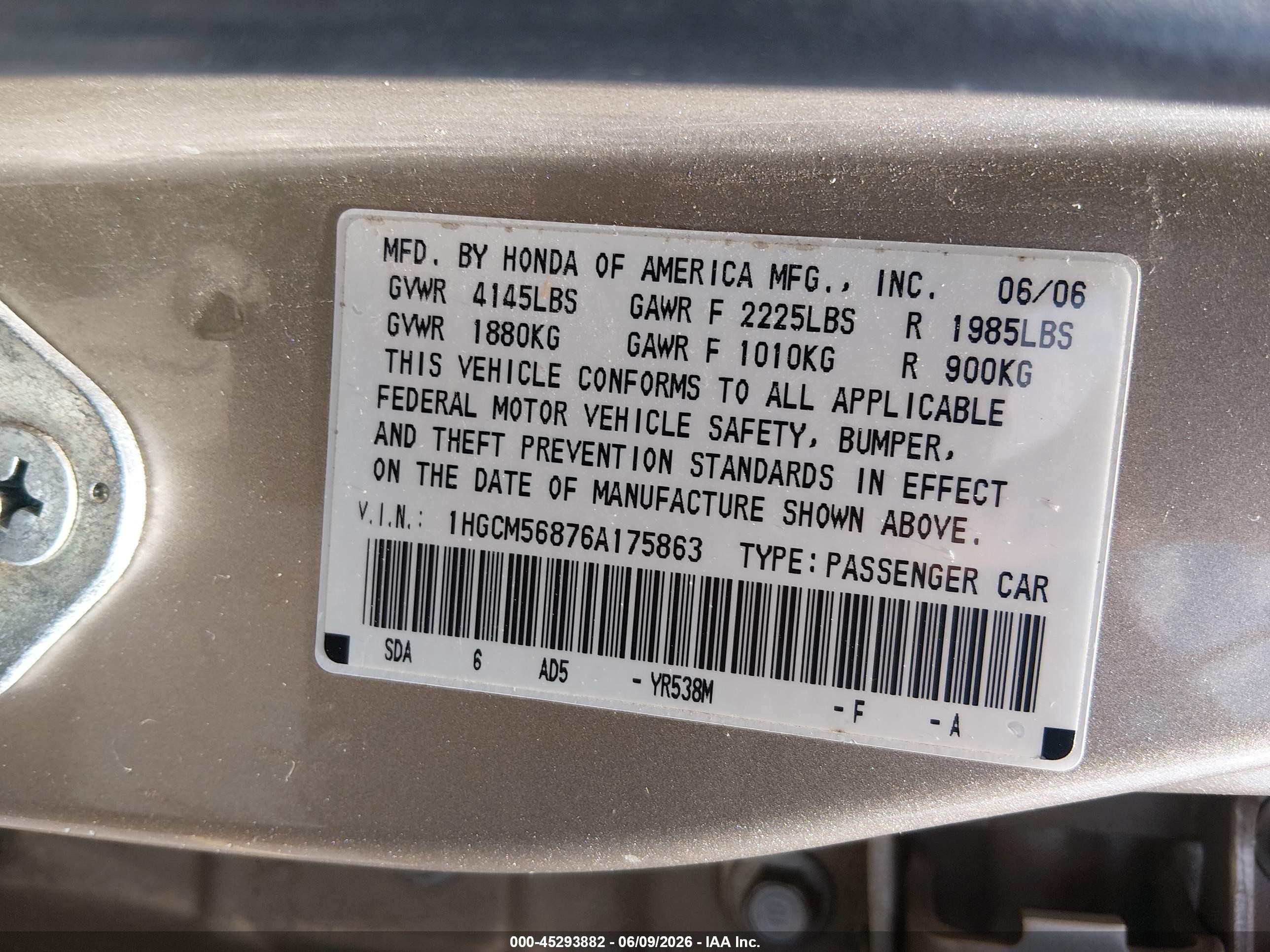 2006 Honda Accord 2.4 Ex Бежевый vin: 1HGCM56876A175863