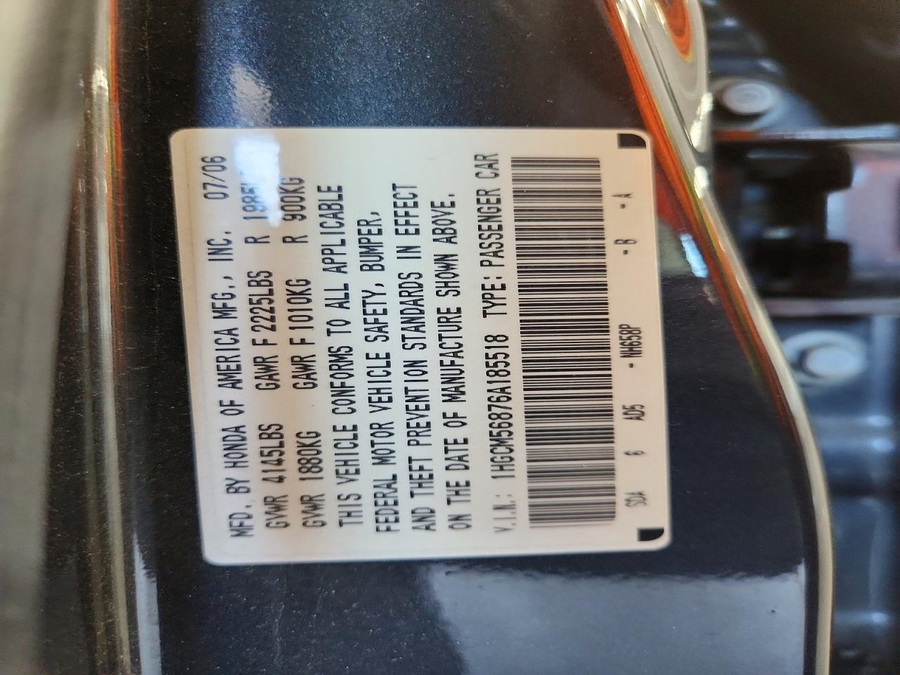 2006 Honda Accord Ex Charcoal vin: 1HGCM56876A185518