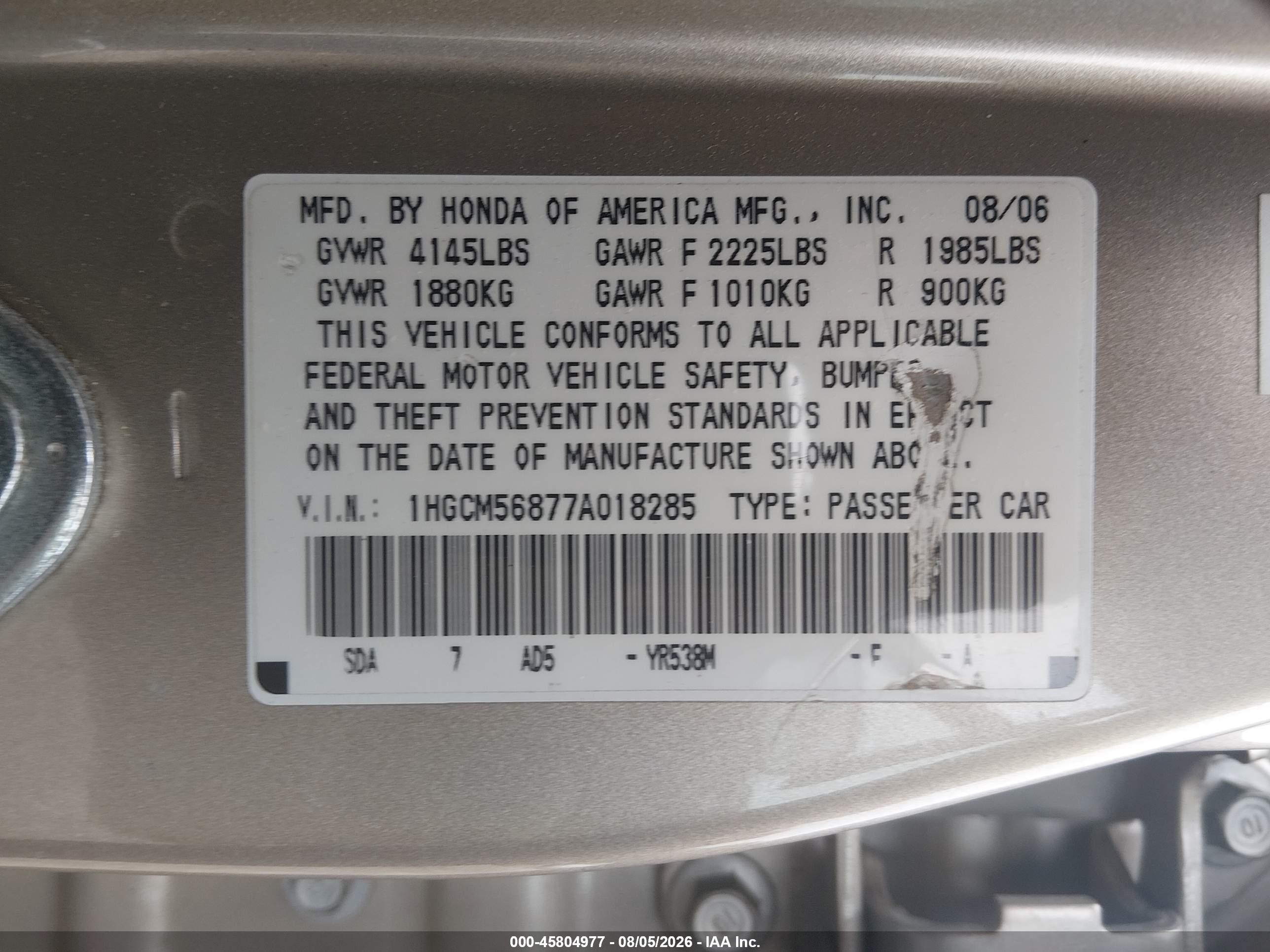 2007 Honda Accord 2.4 Ex Gold vin: 1HGCM56877A018285