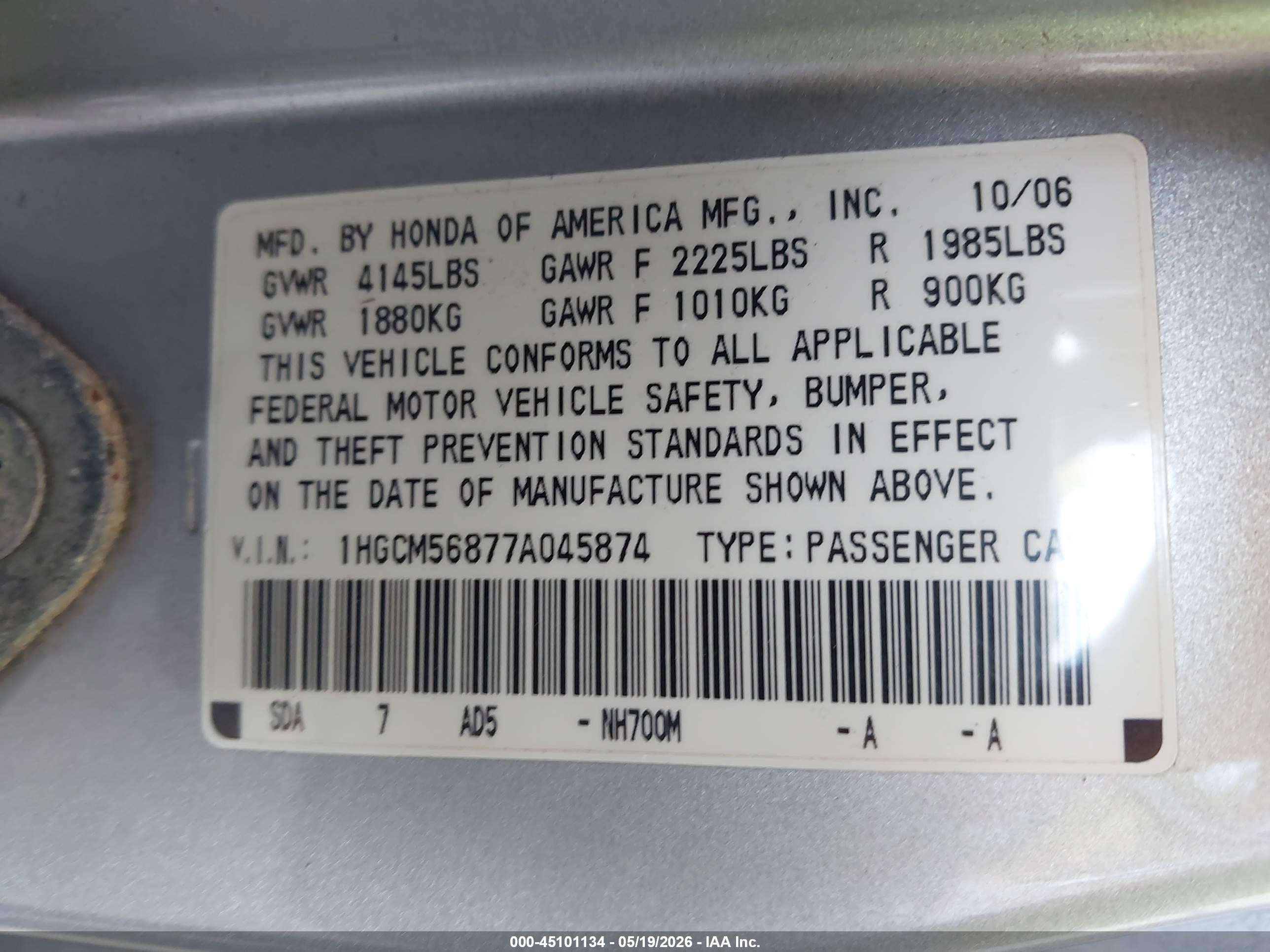 2007 Honda Accord 2.4 Ex Серебряный vin: 1HGCM56877A045874