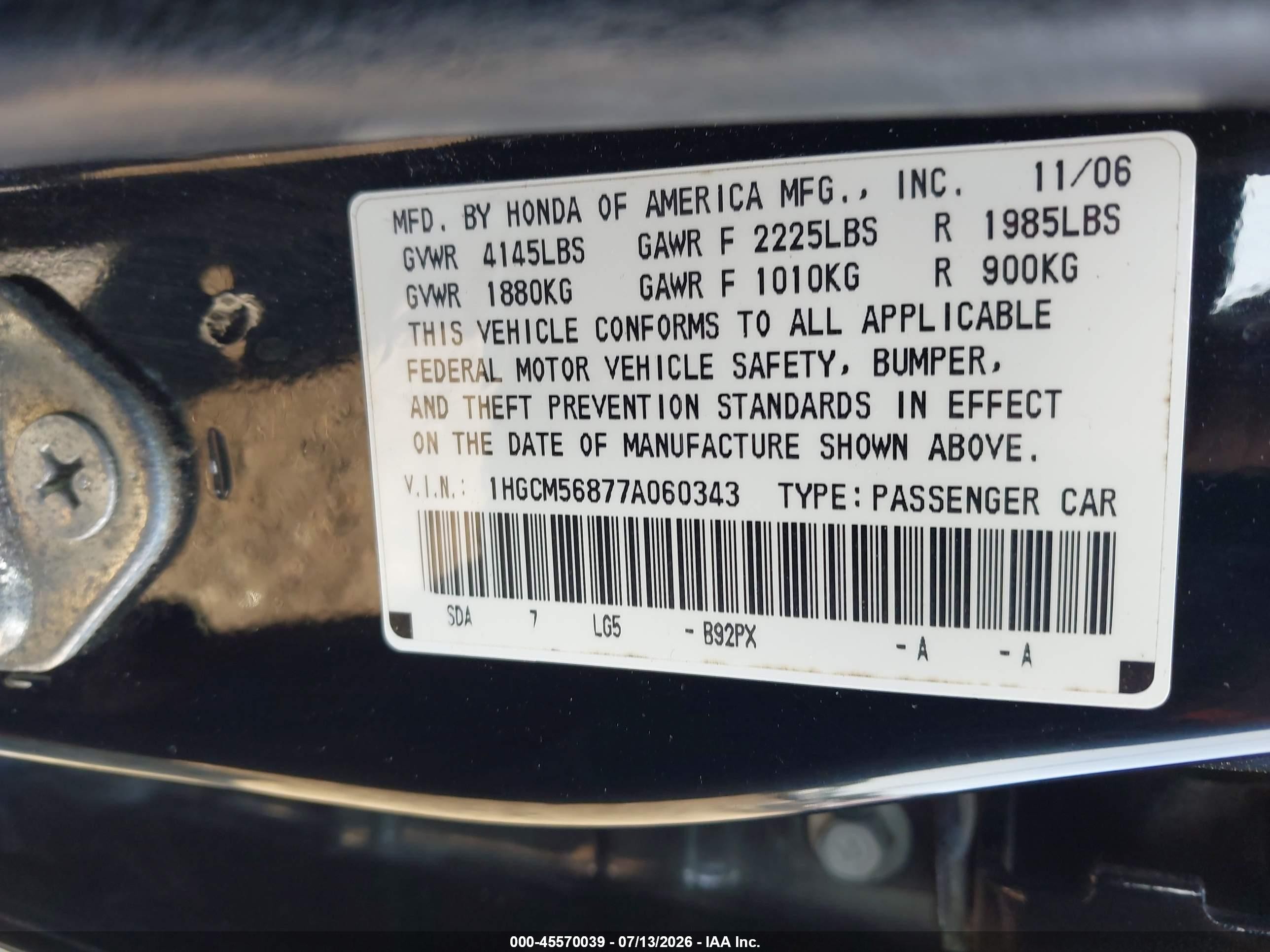 2007 Honda Accord 2.4 Ex Black vin: 1HGCM56877A060343