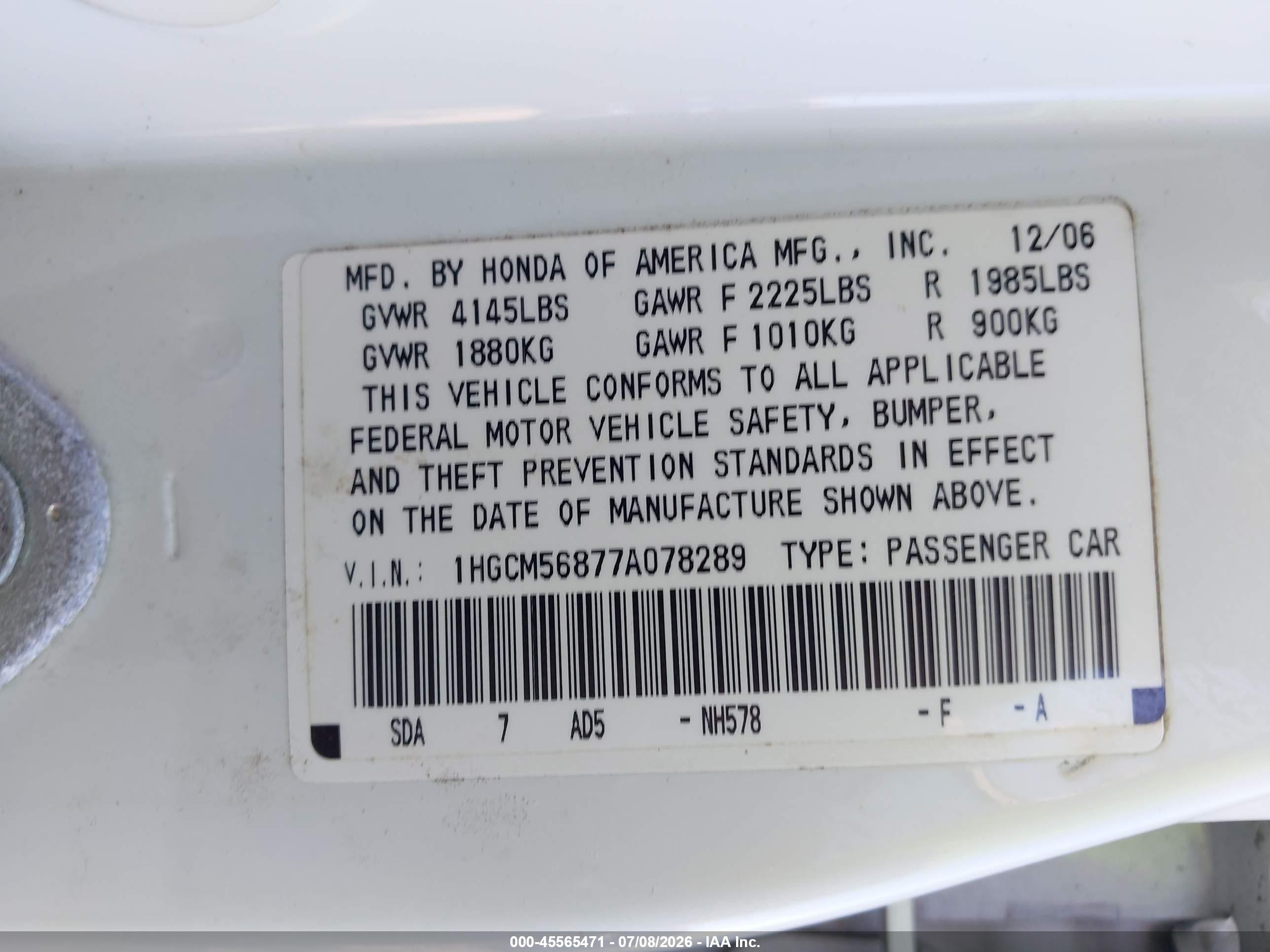 2007 Honda Accord 2.4 Ex White vin: 1HGCM56877A078289