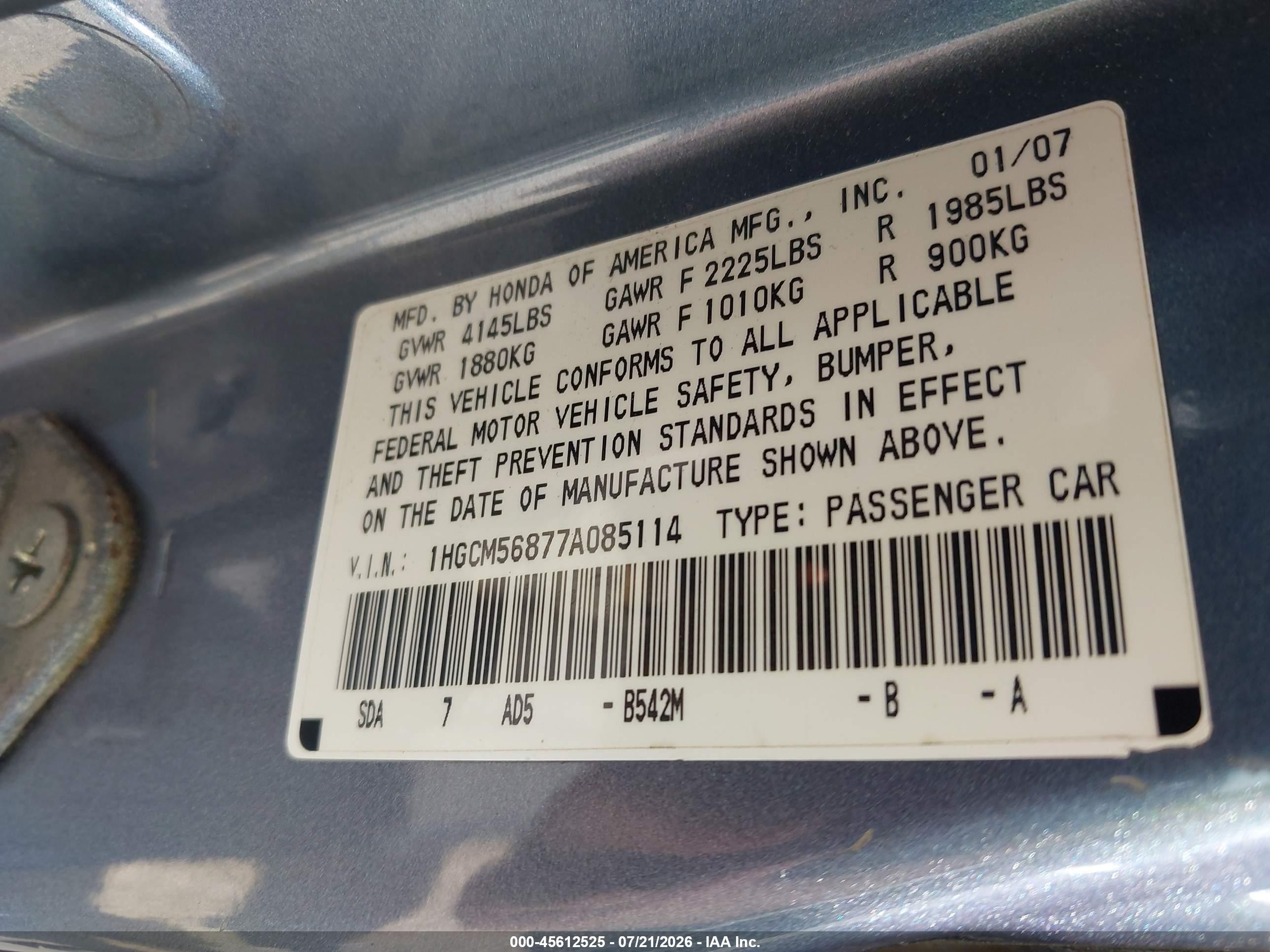 2007 Honda Accord 2.4 Ex Light Blue vin: 1HGCM56877A085114