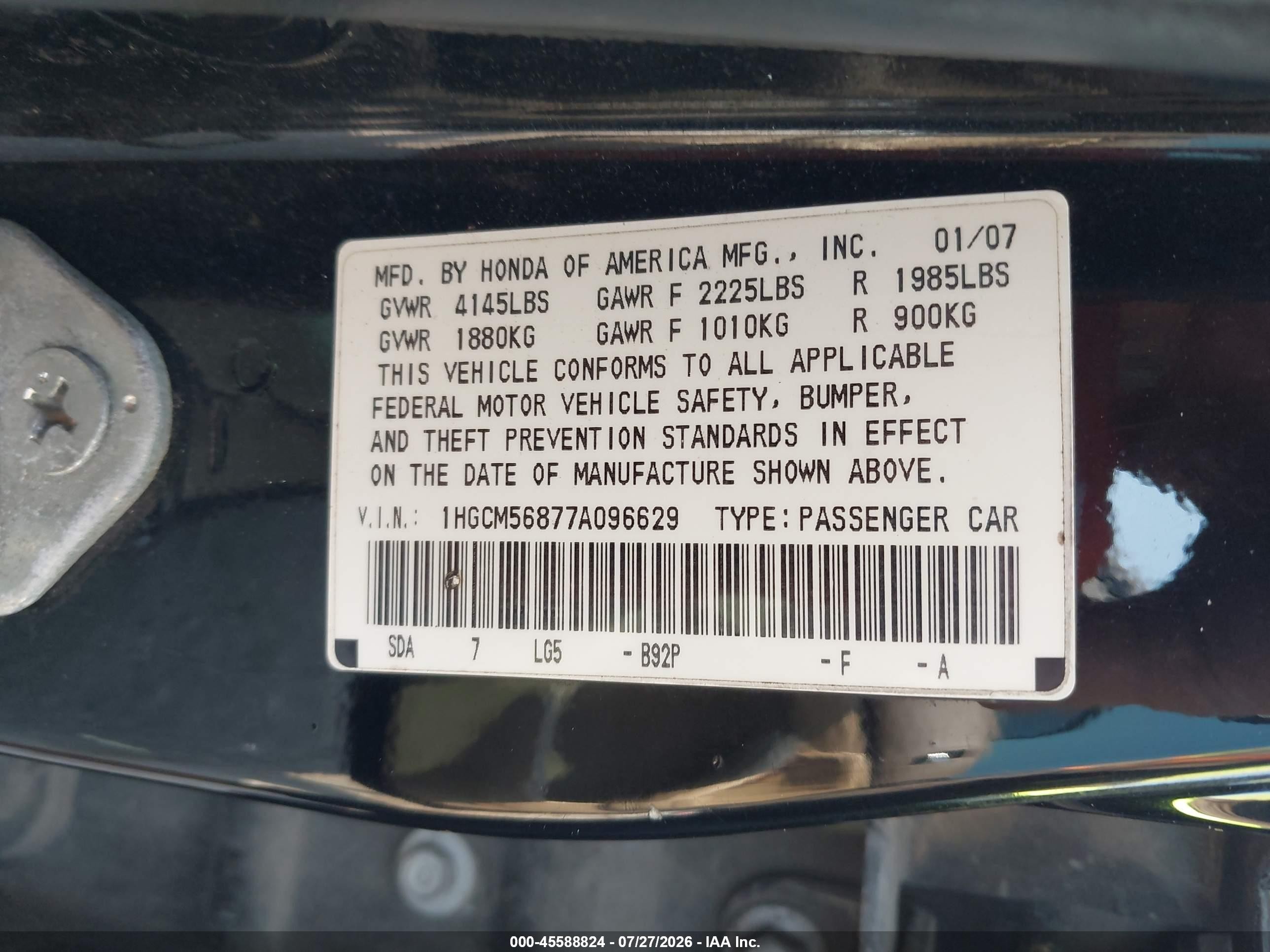 2007 Honda Accord 2.4 Ex Black vin: 1HGCM56877A096629