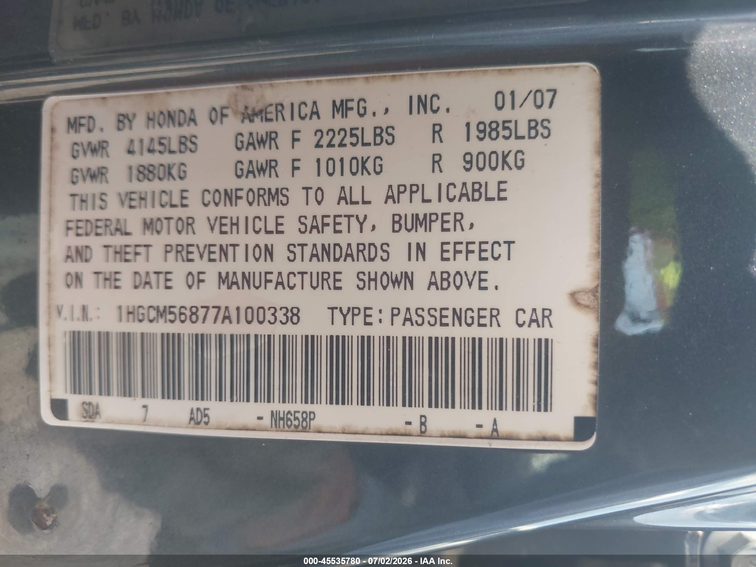 2007 Honda Accord 2.4 Ex Gray vin: 1HGCM56877A100338
