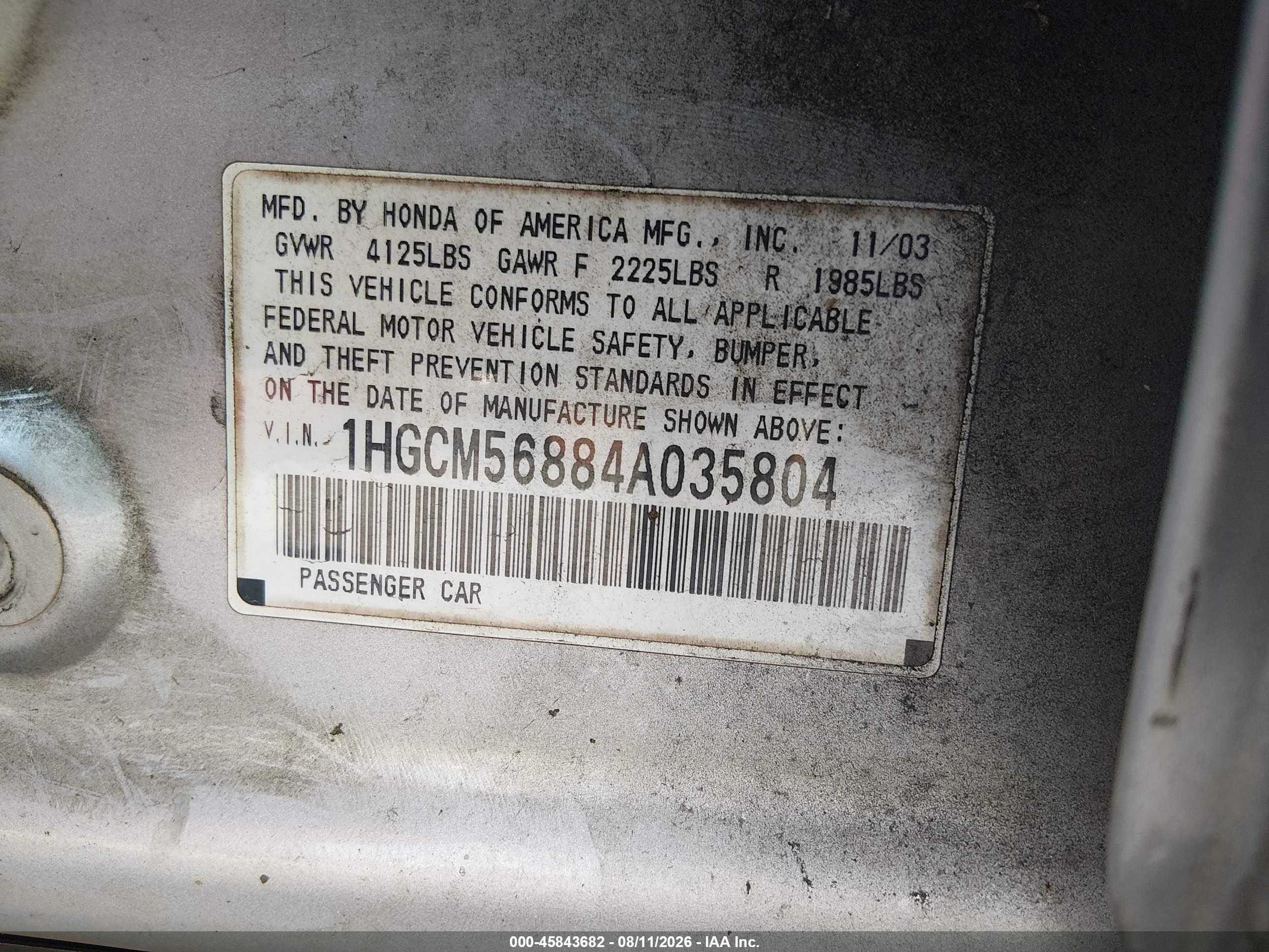 2004 Honda Accord 2.4 Ex Silver vin: 1HGCM56884A035804