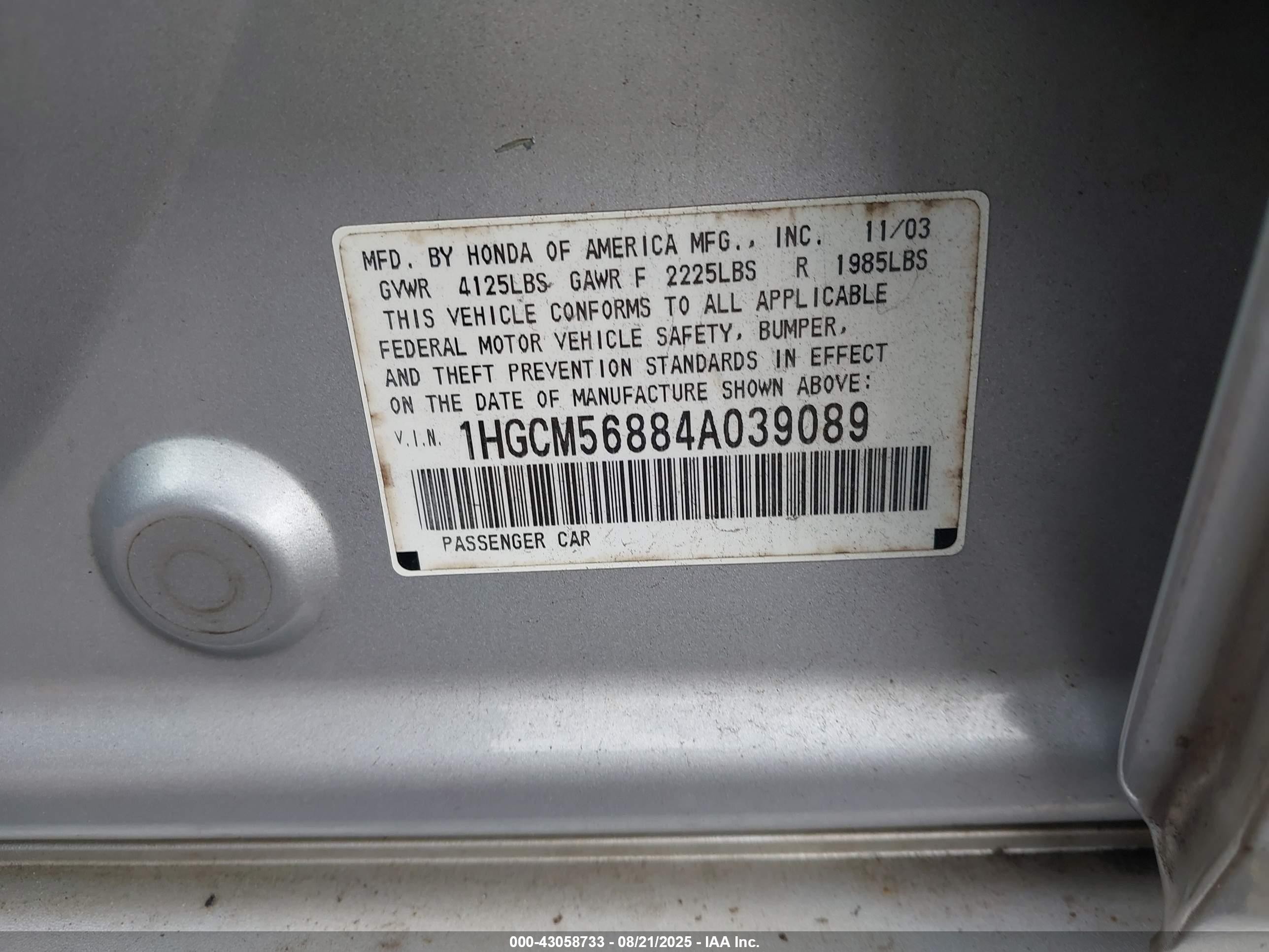 2004 Honda Accord 2.4 Ex Gray vin: 1HGCM56884A039089