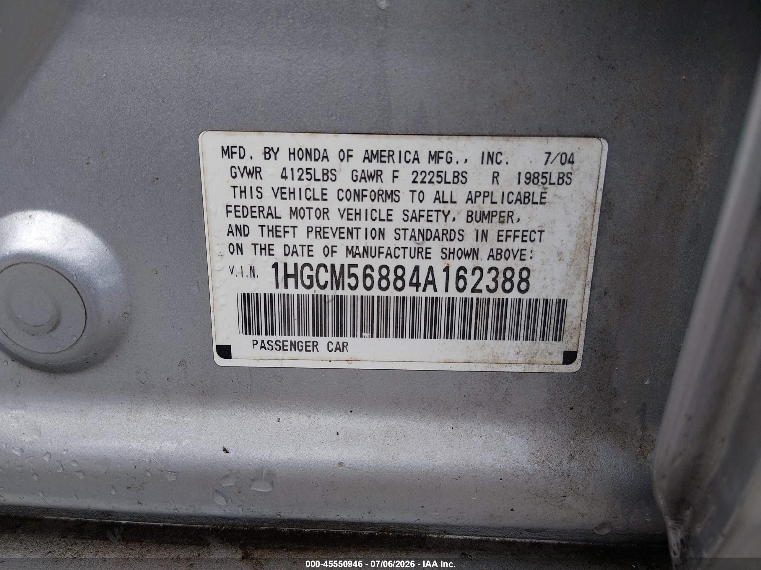 2004 Honda Accord 2.4 Ex Silver vin: 1HGCM56884A162388