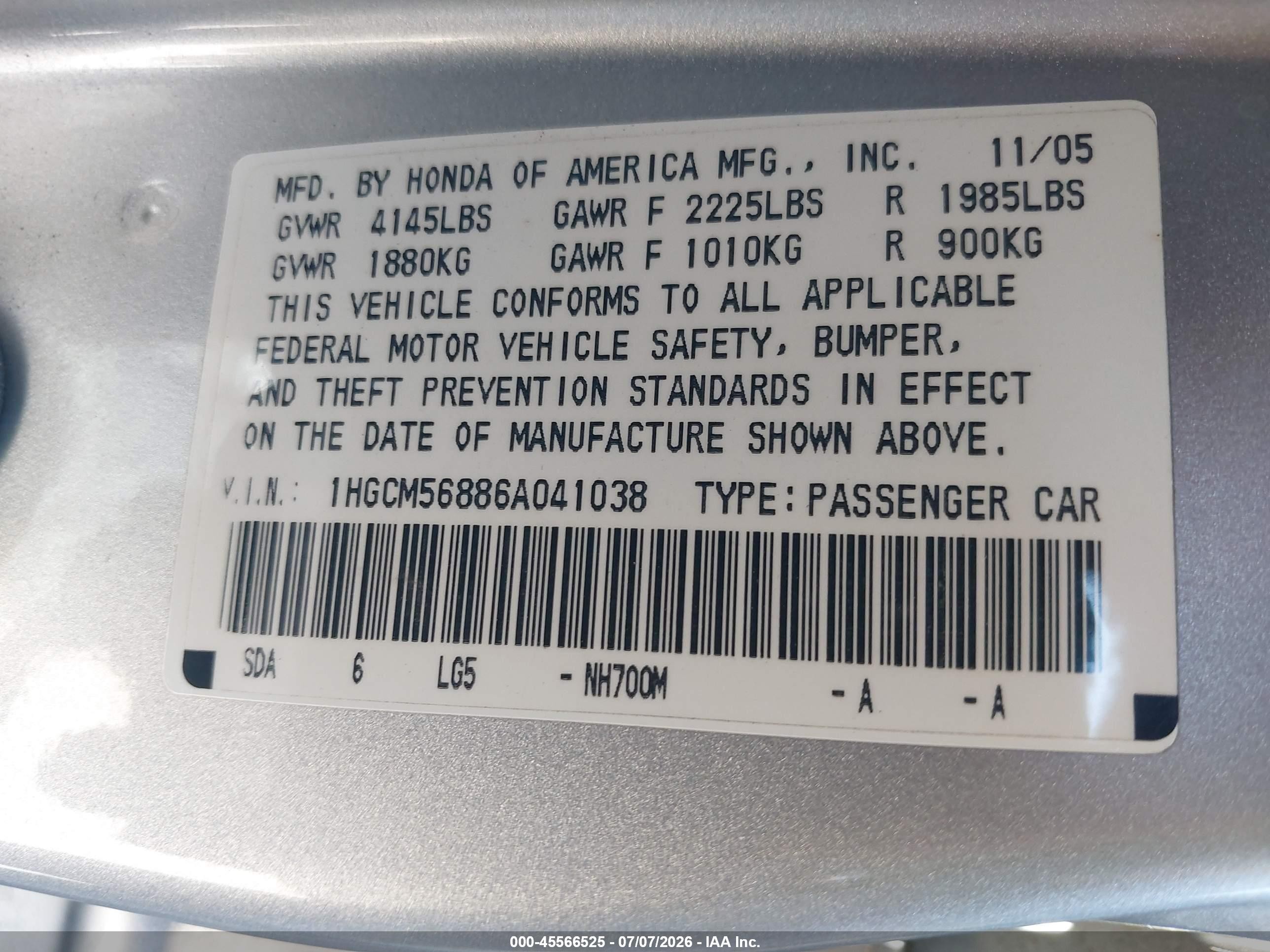 2006 Honda Accord 2.4 Ex Silver vin: 1HGCM56886A041038