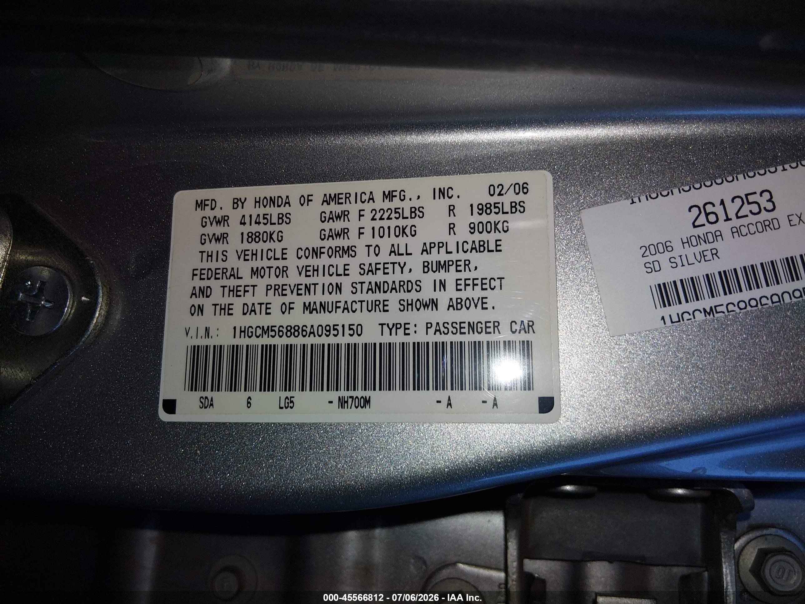 2006 Honda Accord 2.4 Ex Silver vin: 1HGCM56886A095150