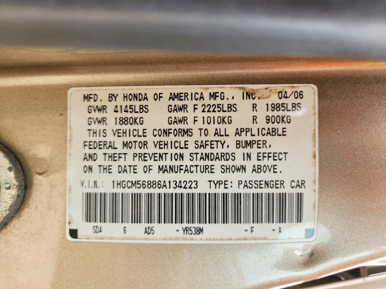 2006 Honda Accord Ex Gold vin: 1HGCM56886A134223
