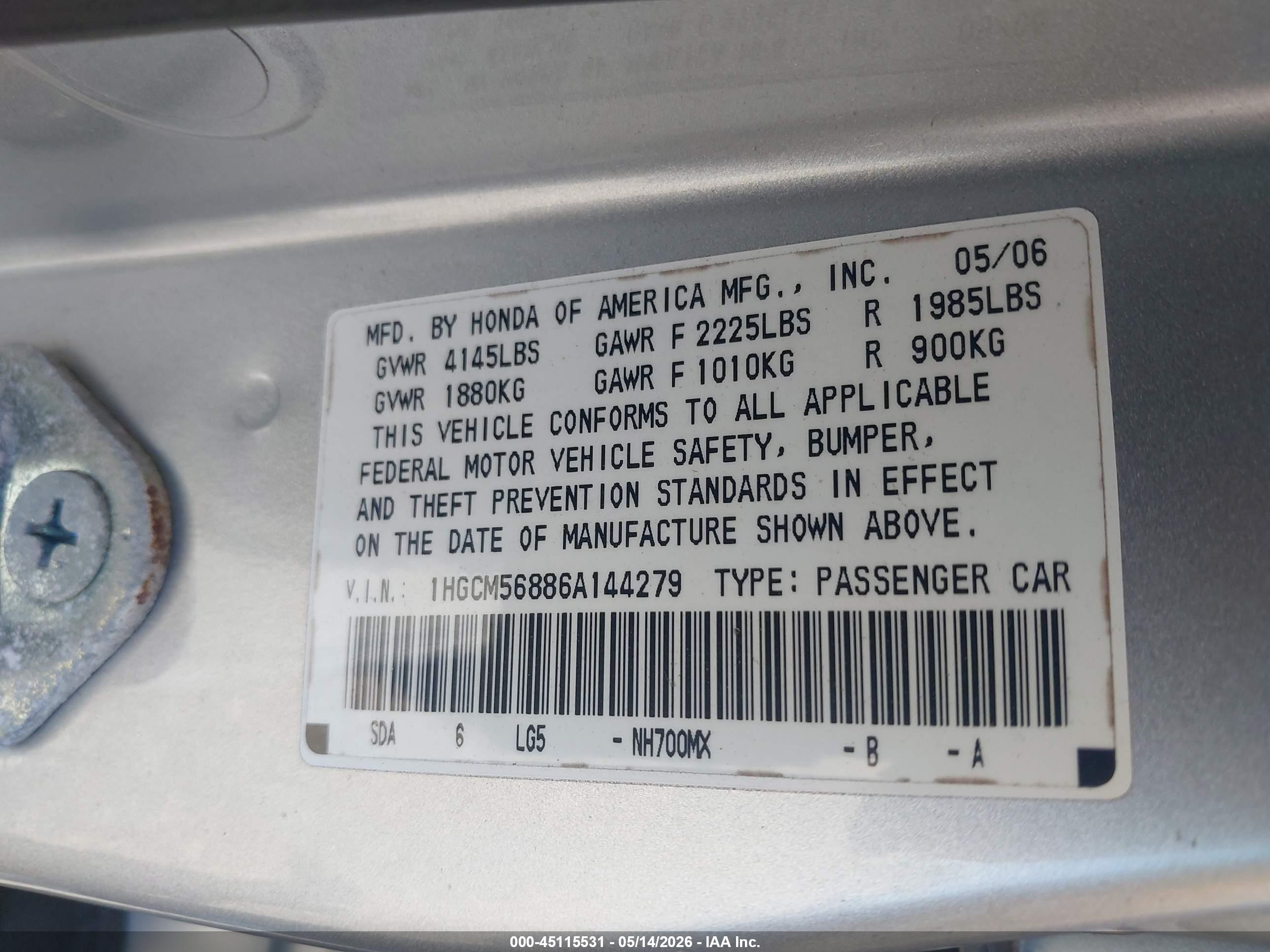 2006 Honda Accord Ex Gray vin: 1HGCM56886A144279