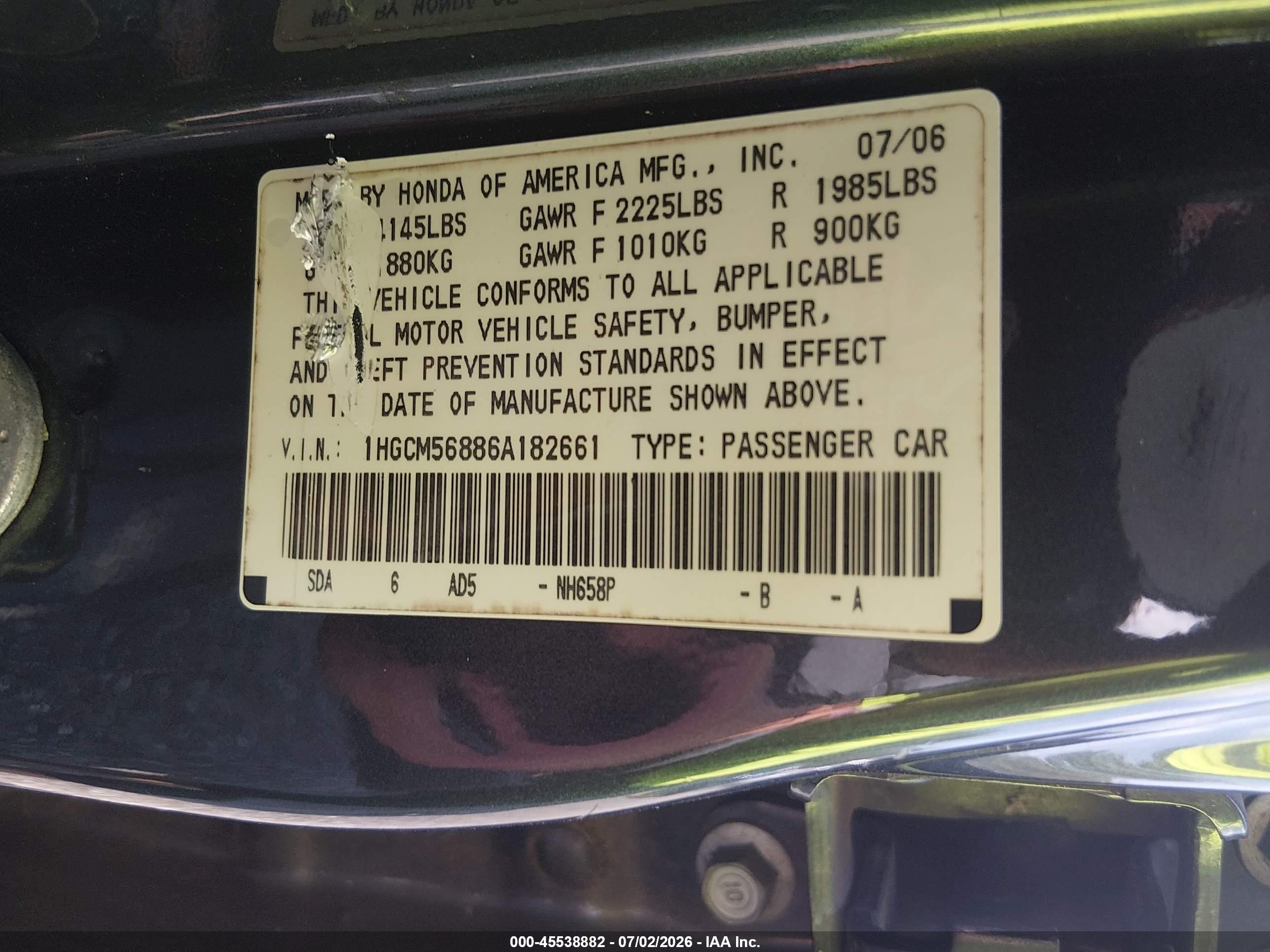 2006 Honda Accord 2.4 Ex Серый vin: 1HGCM56886A182661