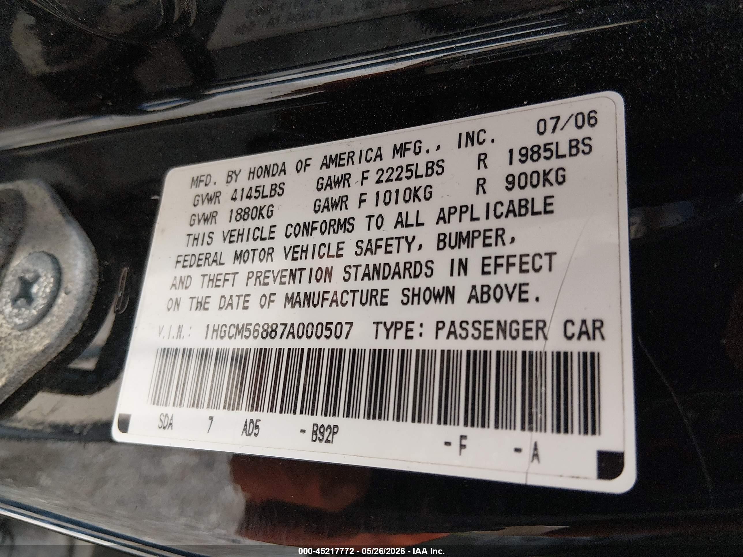 2007 Honda Accord 2.4 Ex Black vin: 1HGCM56887A000507