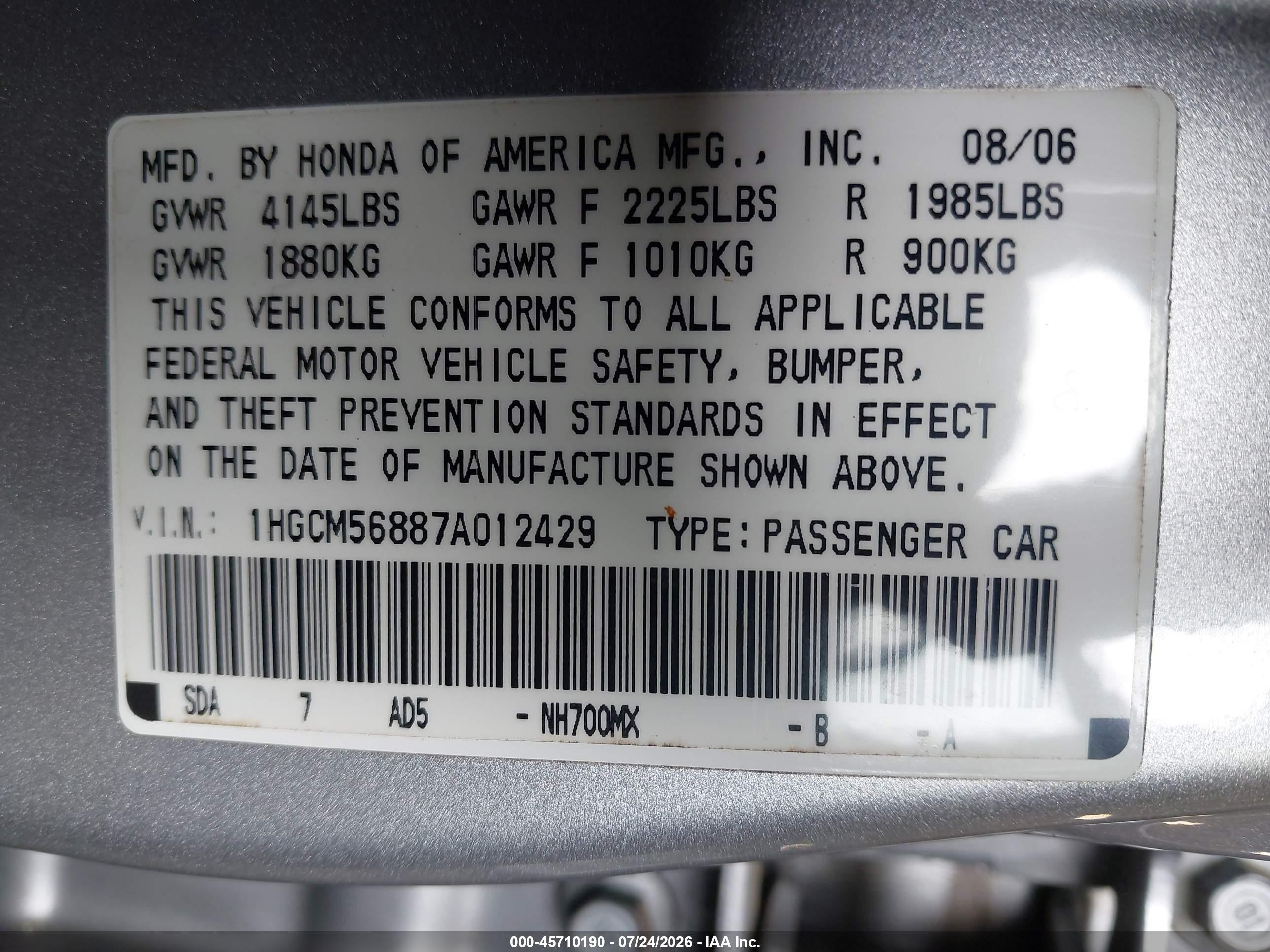 2007 Honda Accord 2.4 Ex Серебряный vin: 1HGCM56887A012429