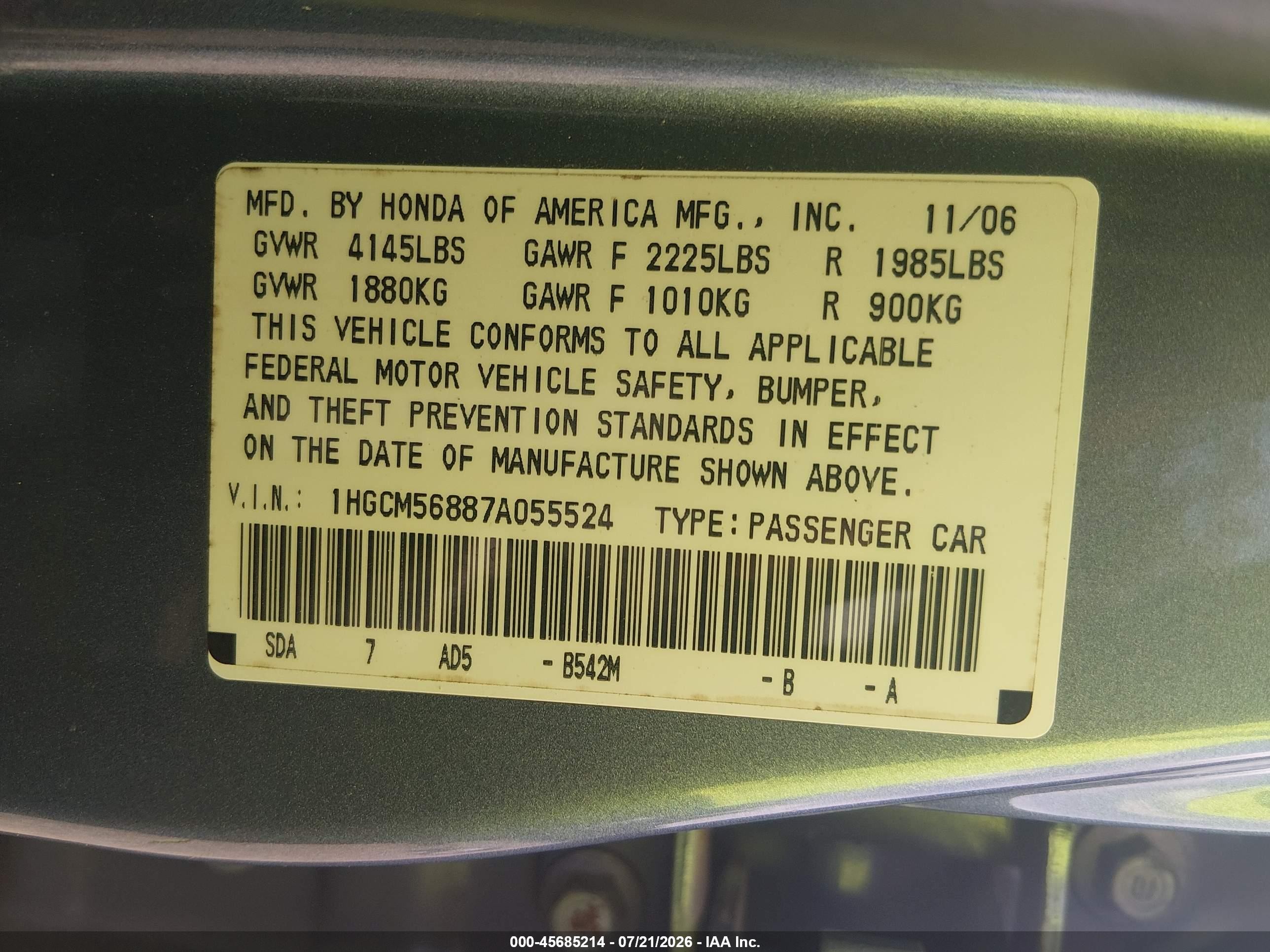 2007 Honda Accord 2.4 Ex Blue vin: 1HGCM56887A055524