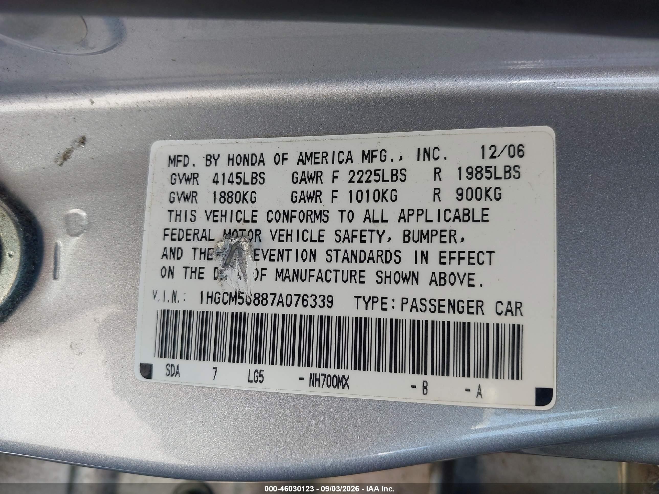2007 Honda Accord 2.4 Ex Silver vin: 1HGCM56887A076339