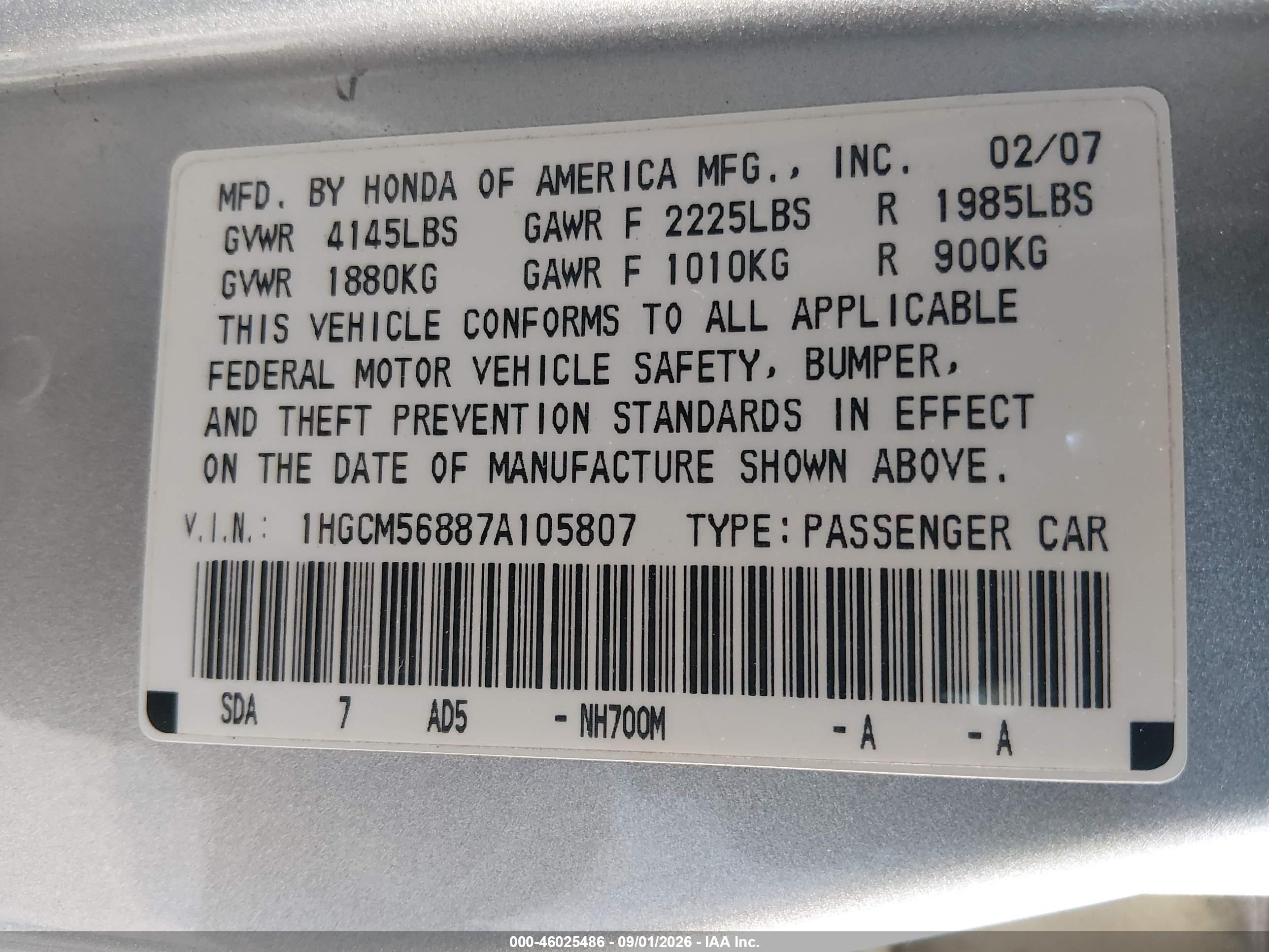 2007 Honda Accord 2.4 Ex Silver vin: 1HGCM56887A105807