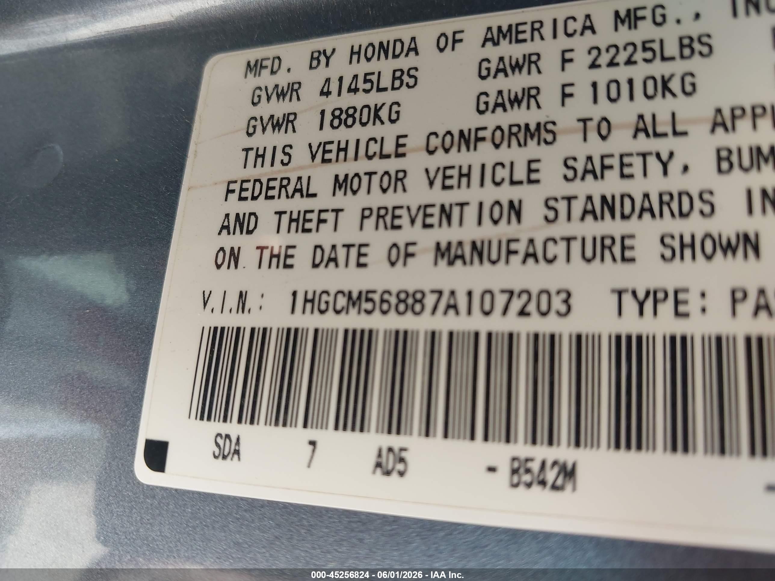 2007 Honda Accord 2.4 Ex Light Blue vin: 1HGCM56887A107203