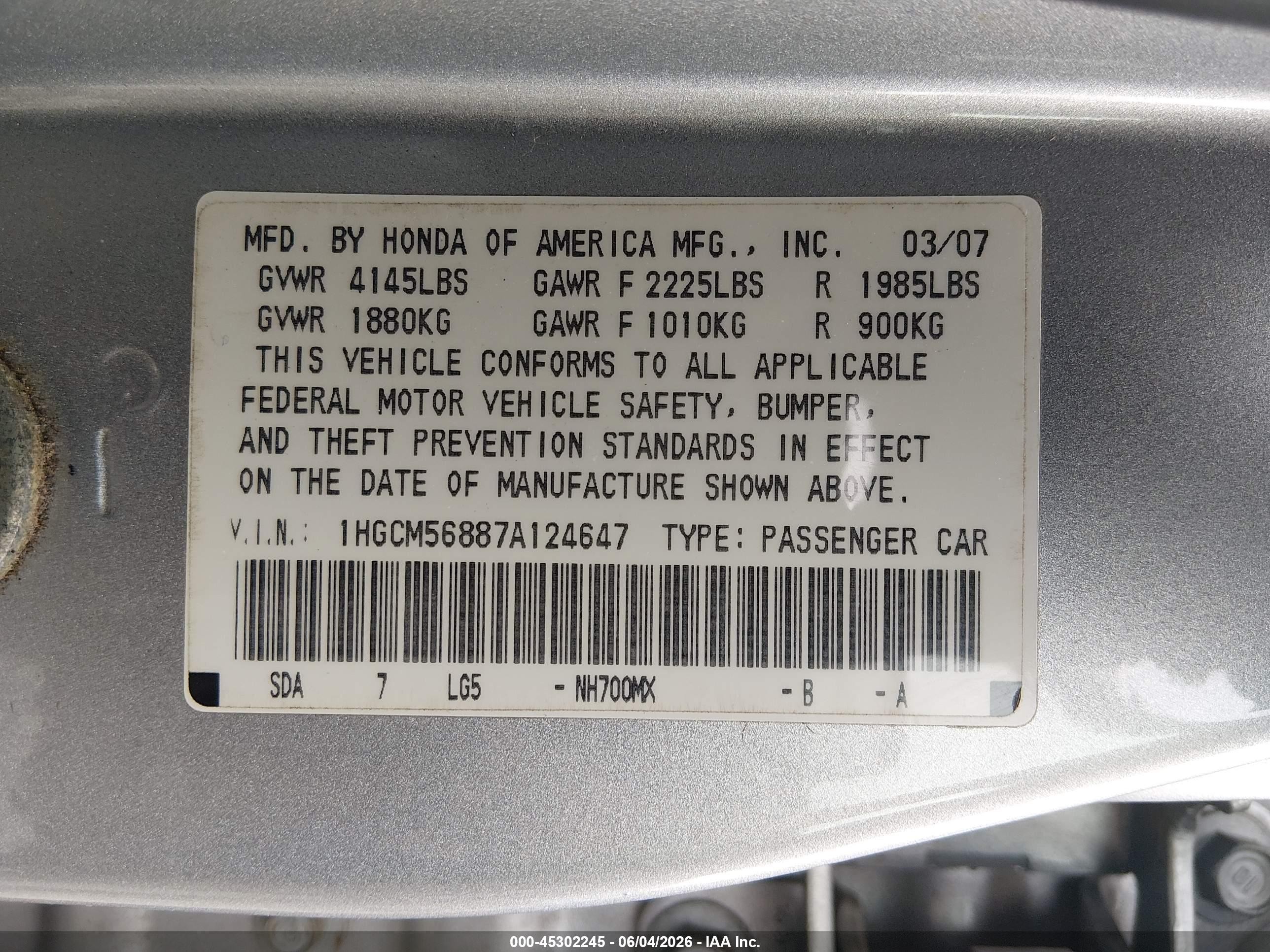2007 Honda Accord 2.4 Ex Silver vin: 1HGCM56887A124647