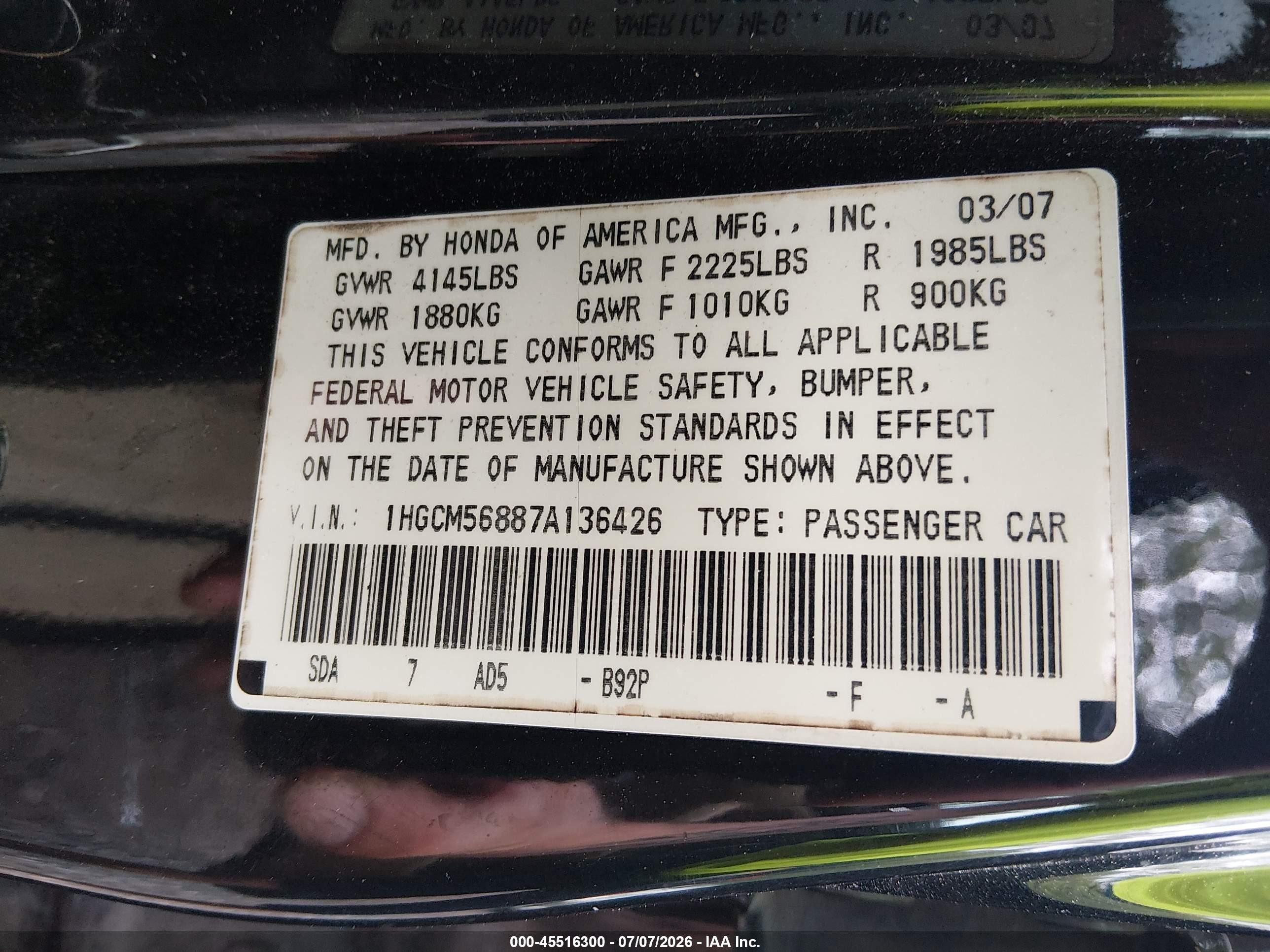 2007 Honda Accord 2.4 Ex Черный vin: 1HGCM56887A136426