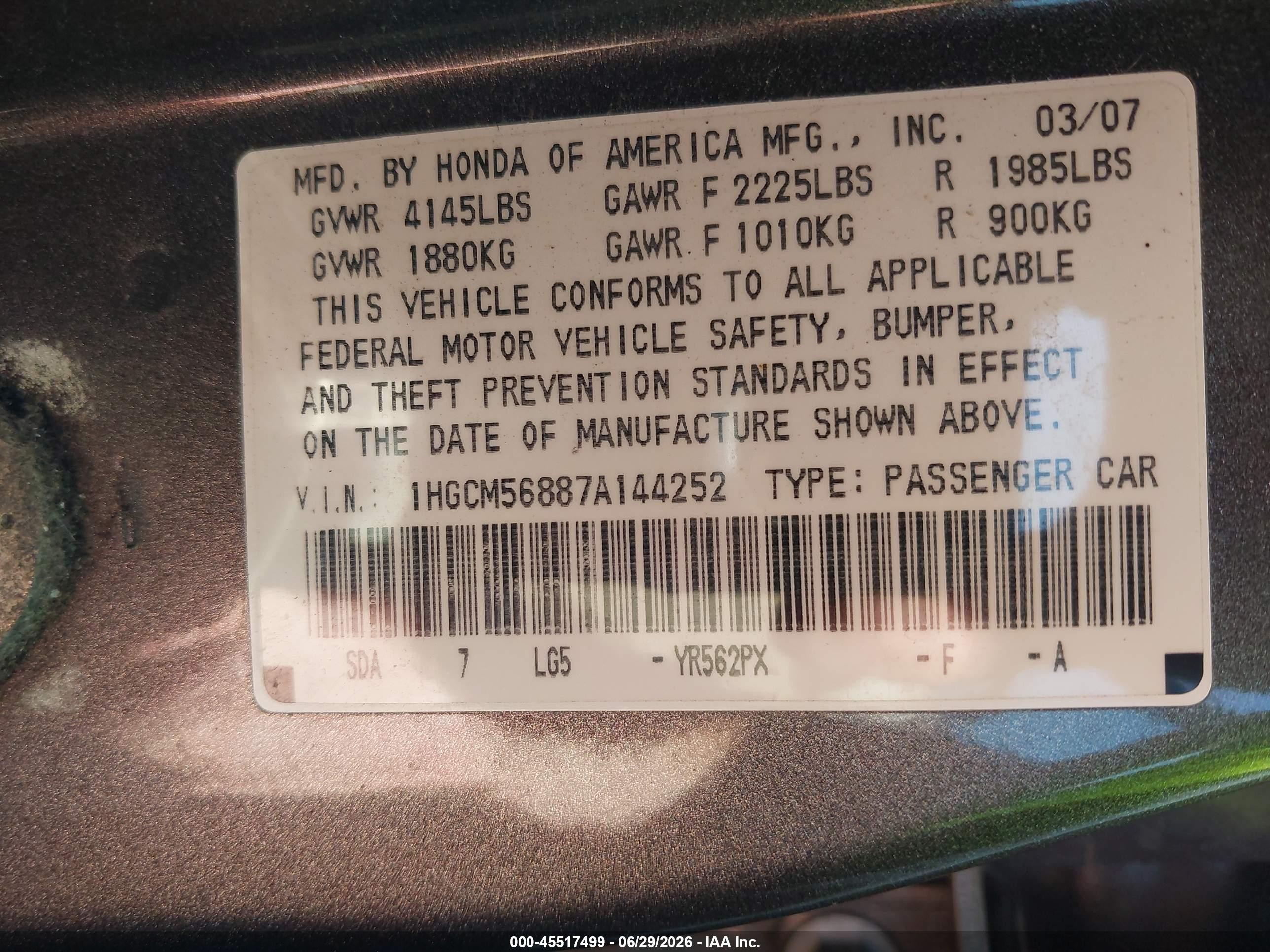 2007 Honda Accord 2.4 Ex Gray vin: 1HGCM56887A144252