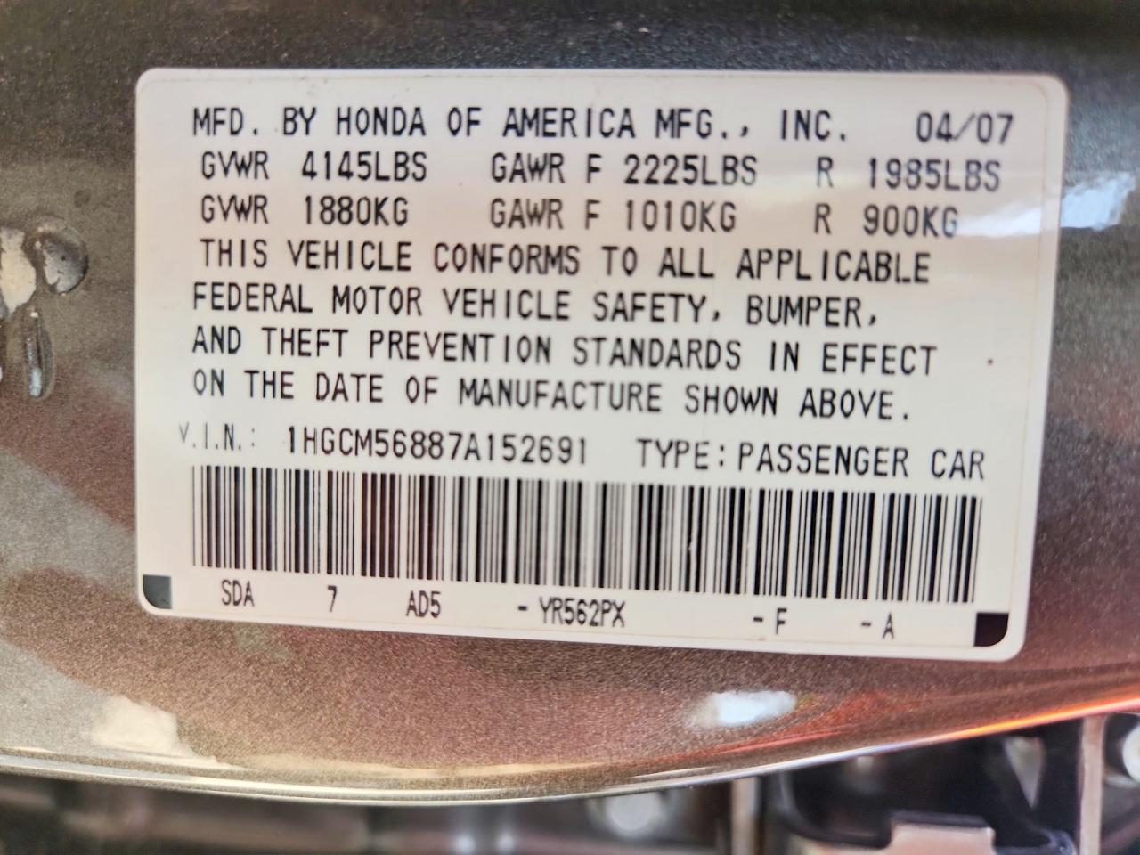 2007 Honda Accord Ex Gray vin: 1HGCM56887A152691