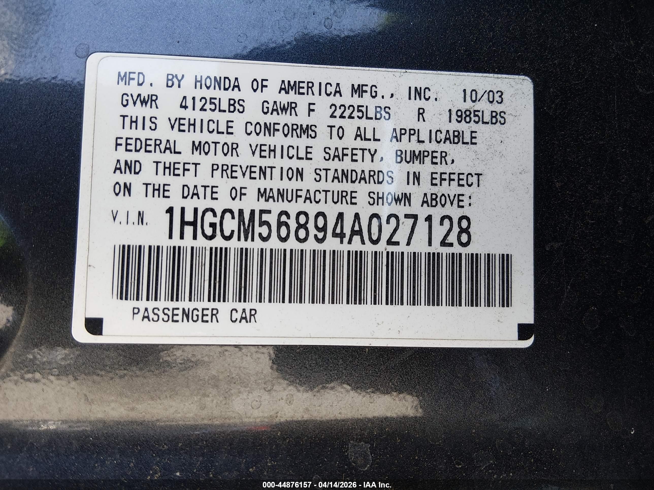 2004 Honda Accord 2.4 Ex Gray vin: 1HGCM56894A027128