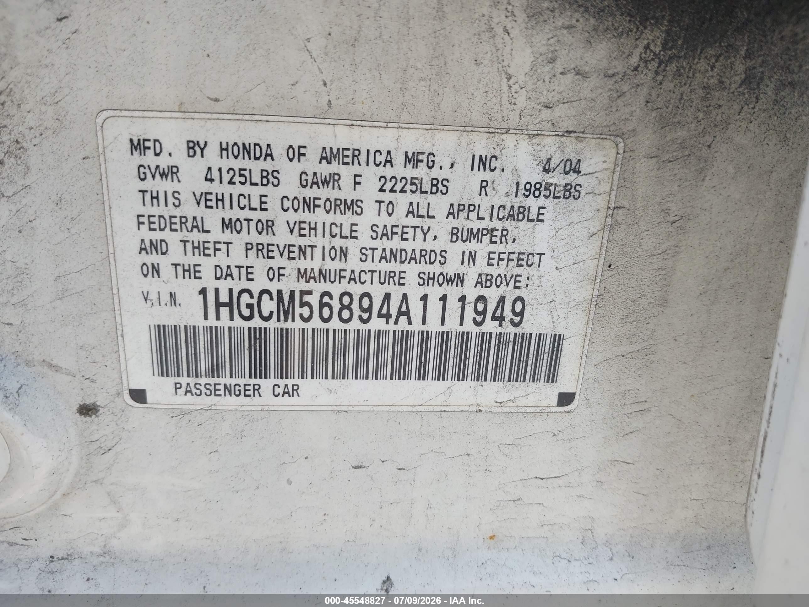 2004 Honda Accord 2.4 Ex White vin: 1HGCM56894A111949