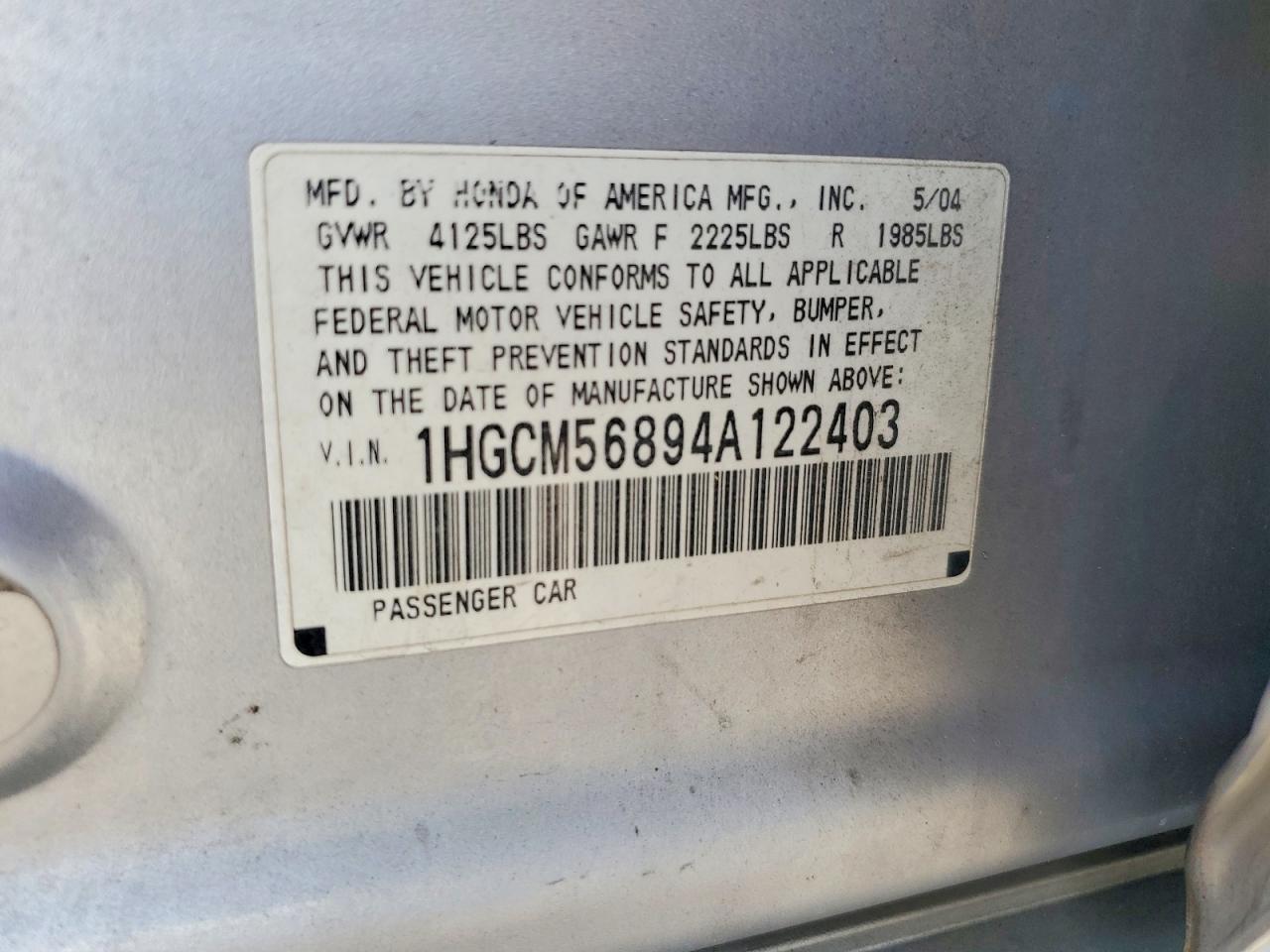2004 Honda Accord Ex Серебряный vin: 1HGCM56894A122403