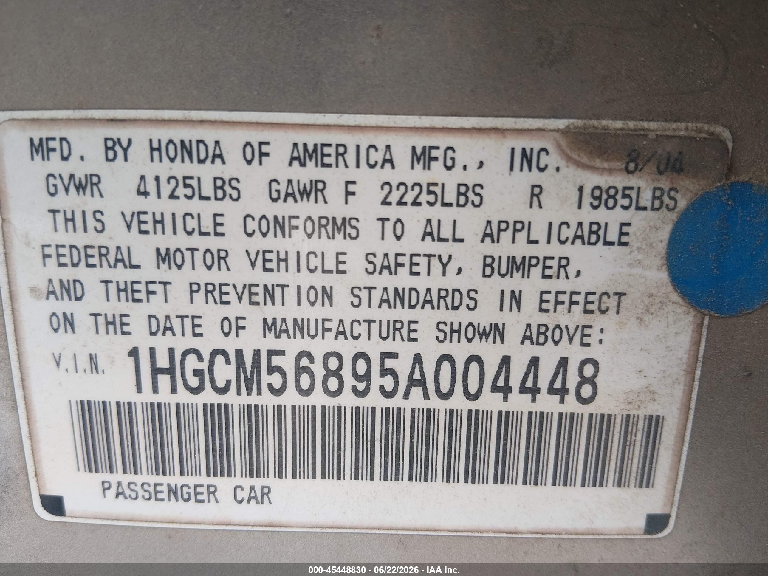 2005 Honda Accord 2.4 Ex Gold vin: 1HGCM56895A004448
