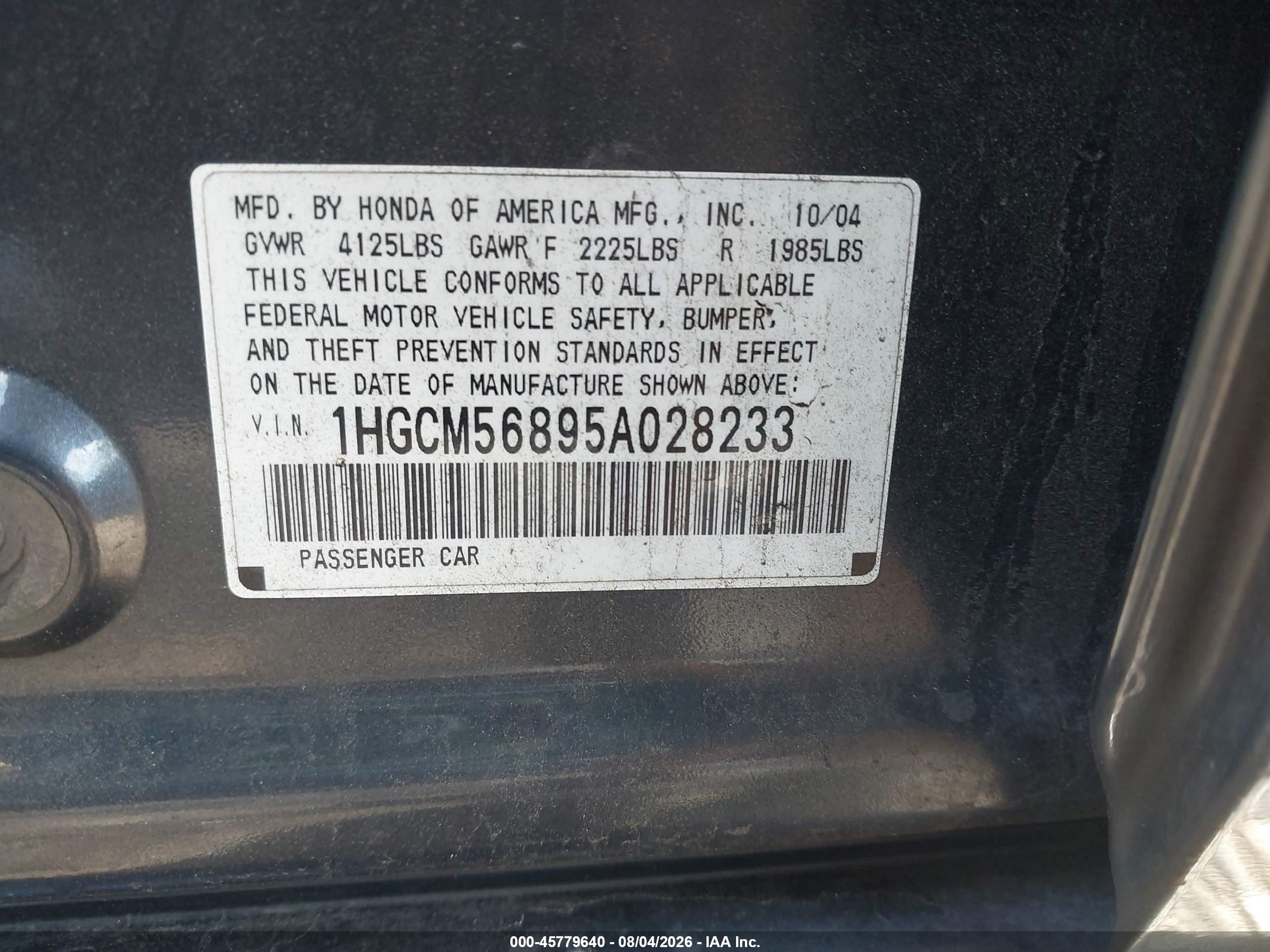 2005 Honda Accord 2.4 Ex Gray vin: 1HGCM56895A028233