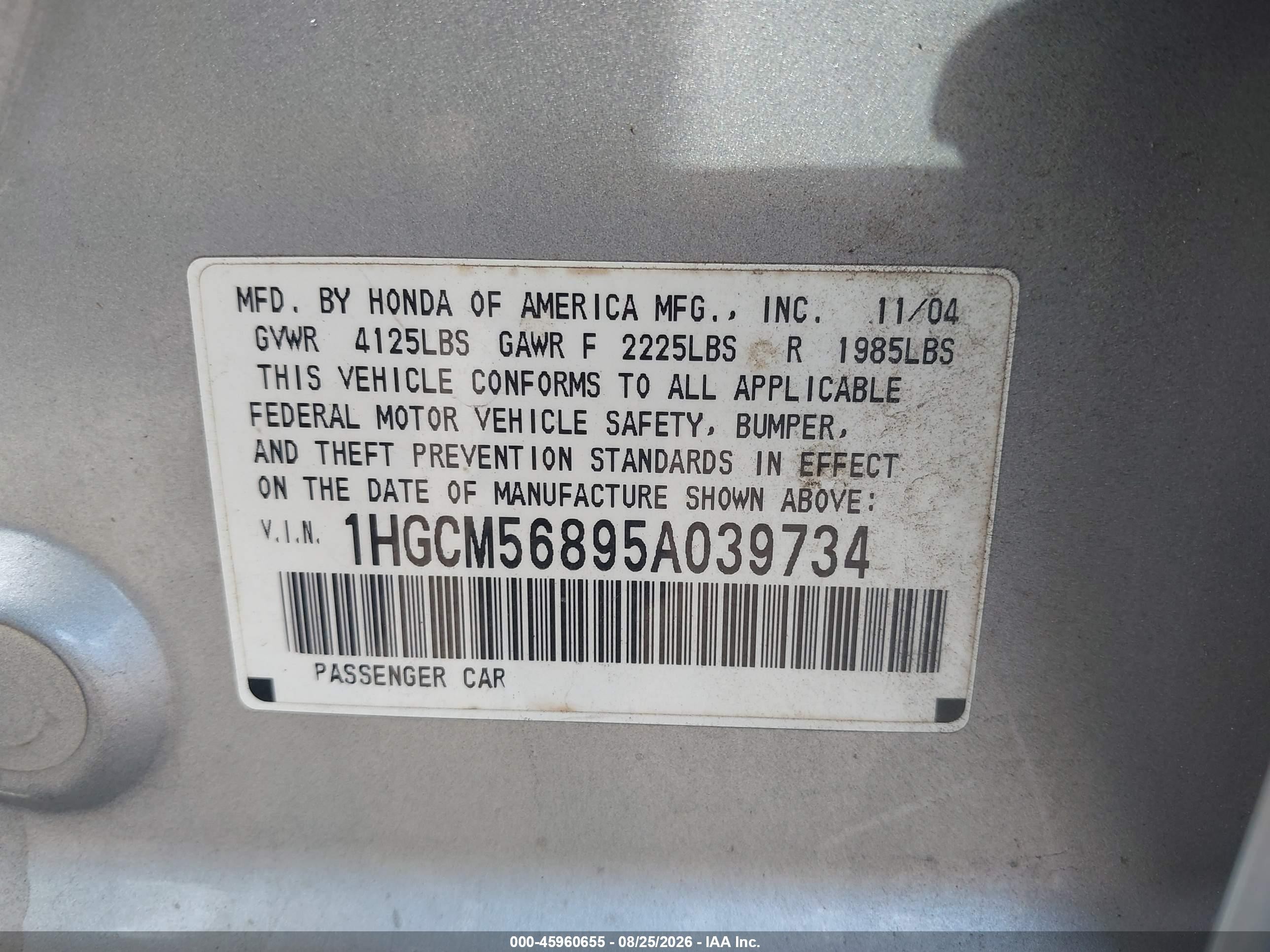 2005 Honda Accord 2.4 Ex Silver vin: 1HGCM56895A039734