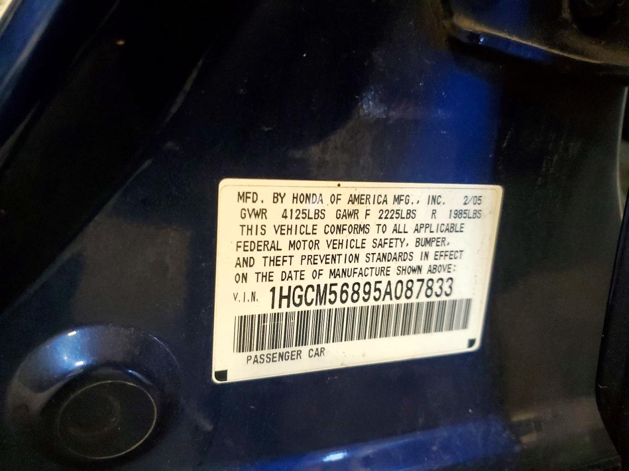 2005 Honda Accord Ex-l Blue vin: 1HGCM56895A087833