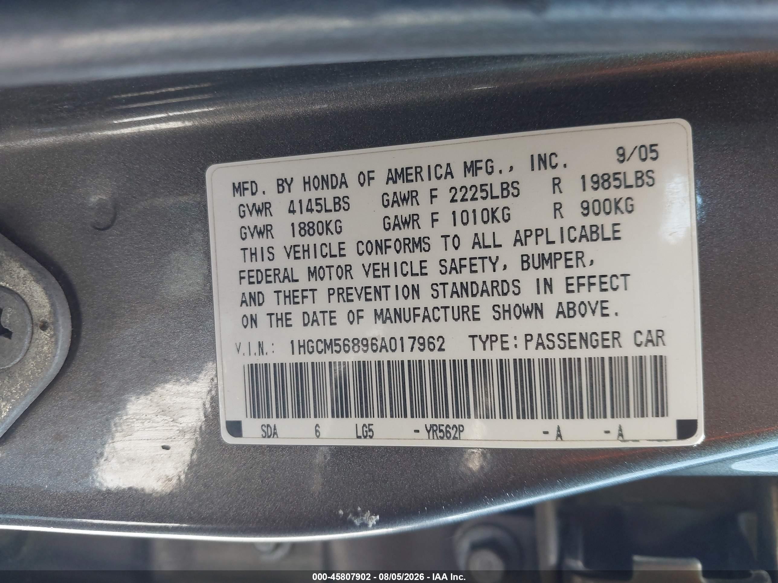 2006 Honda Accord 2.4 Ex Gray vin: 1HGCM56896A017962
