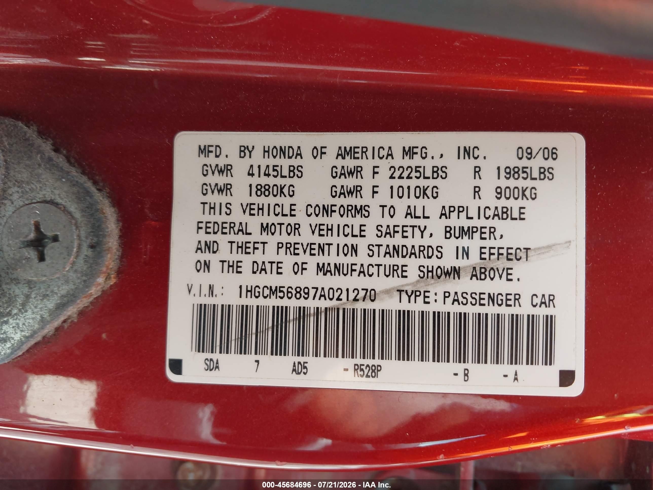 2007 Honda Accord 2.4 Ex Red vin: 1HGCM56897A021270